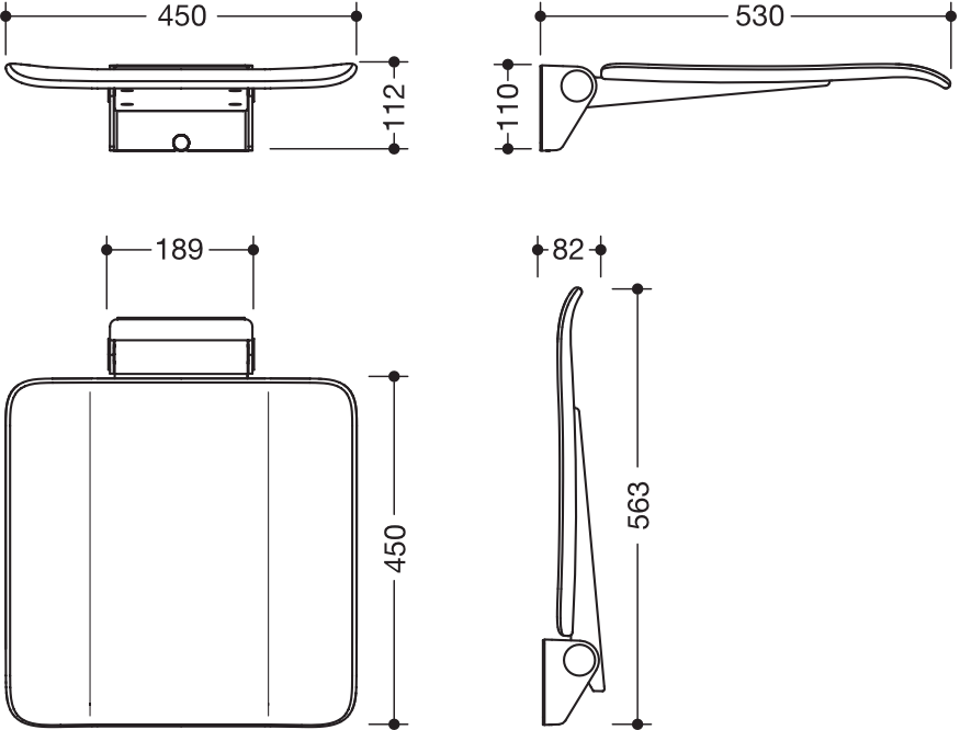 Mobiler Klappsitz des Systems 900, Konsole Edelstahl, PVD, Sitzfläche Kunststoff, schwarz, Sitzfläche 450 mm breit, 450 mm tief, zum Nachrüsten auf Montageplatte 900.51.00160, in Farbe CK (messing glänzend)