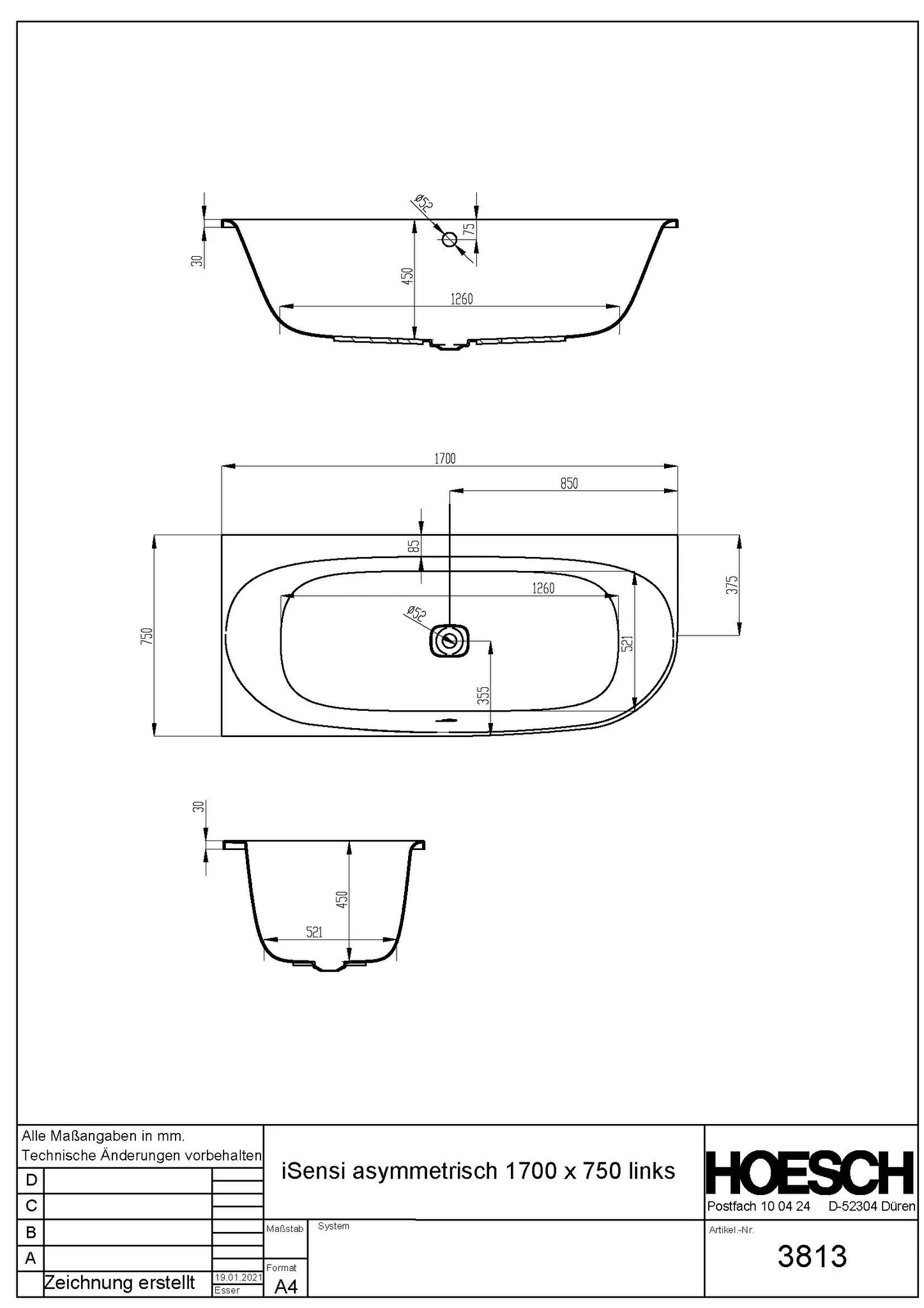 Hoesch Badewanne „iSensi“ eck, asymmetrisch 170 × 75 cm, links in Weiß