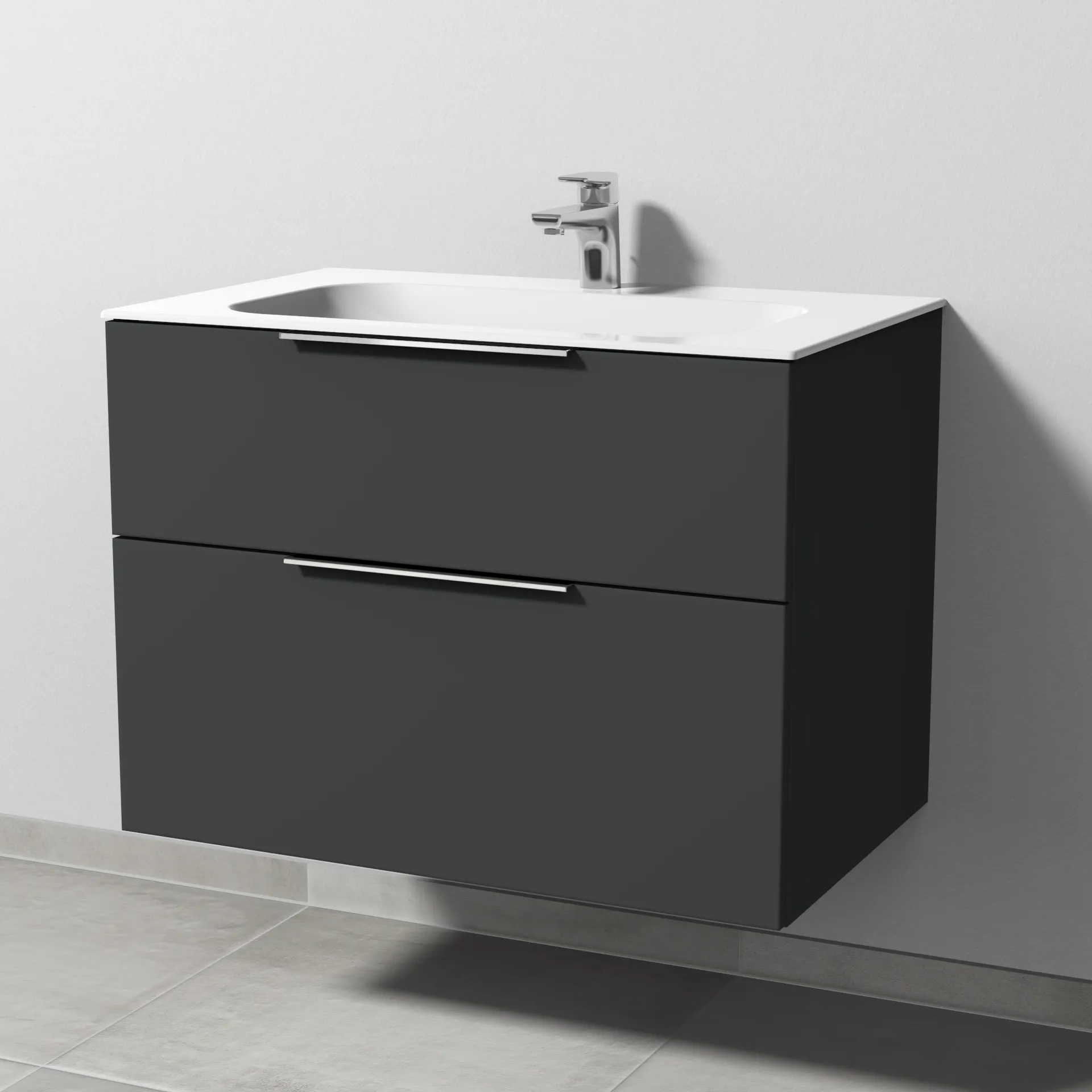 Keramik-Waschtisch-Set mit Waschtischunterschrank „3way“ 79 × 49,7 × 58,2 cm in Graphit (matt), mit Hahnlochbohrung, Becken mittig