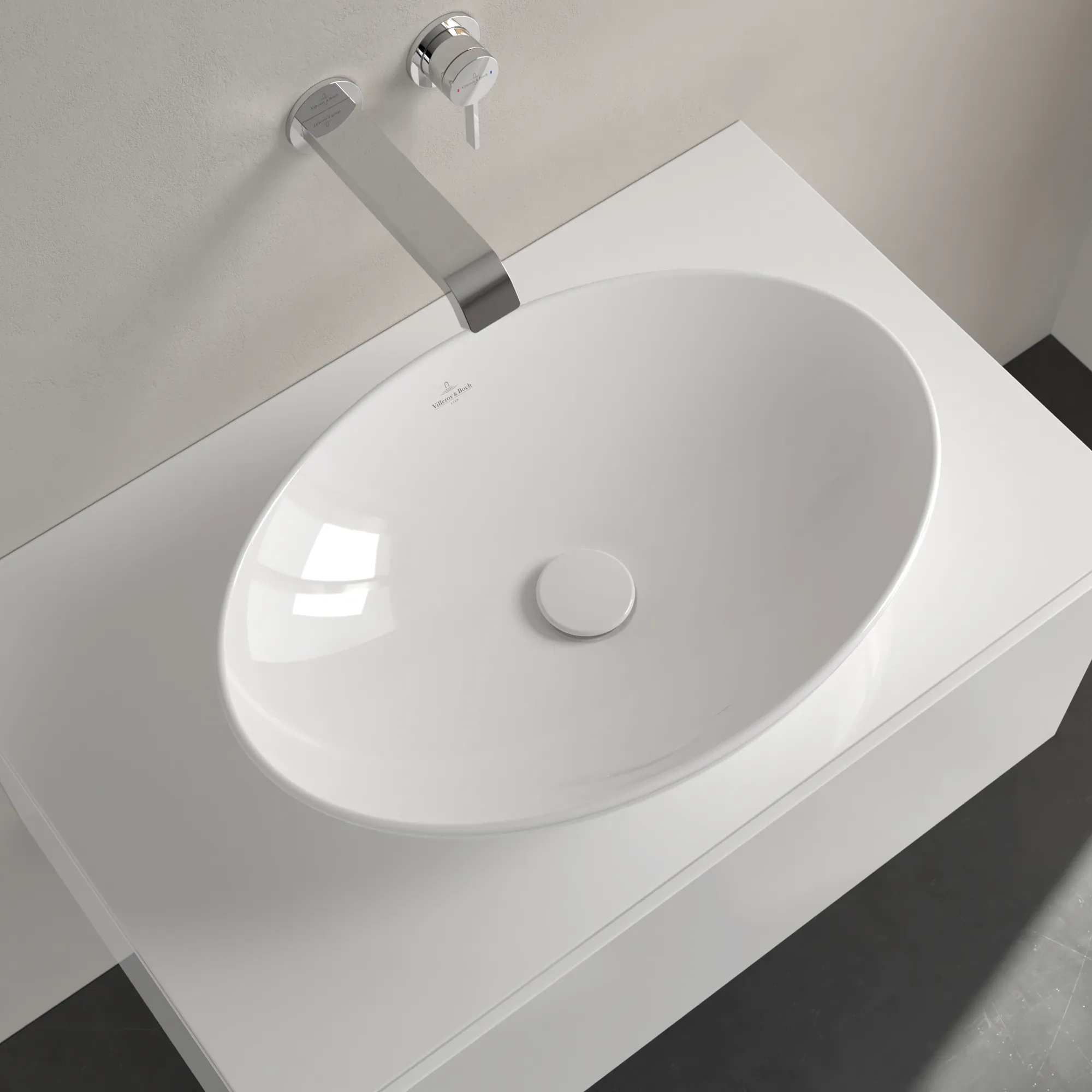 Villeroy & Boch Aufsatzwaschtisch aus TitanCeram „Loop & Friends“ 560 × 380 × 150 mm, ohne Hahnlochbohrung in Weiß Alpin
