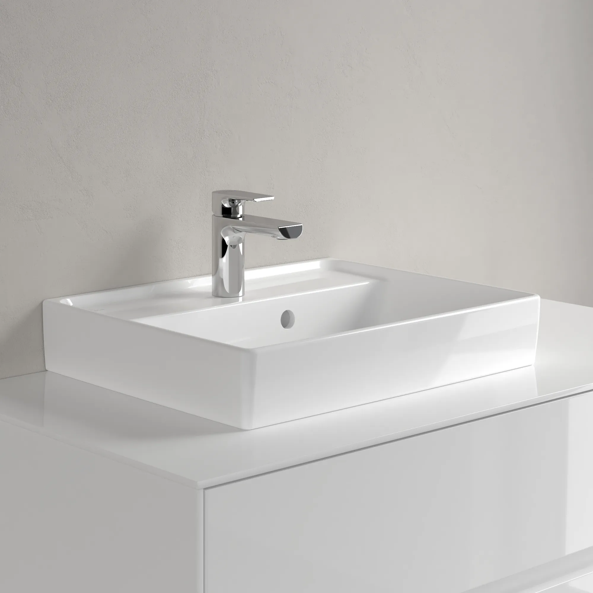 Villeroy & Boch Handwaschbecken aus TitanCeram geschliffen „Collaro“ 500 × 400 × 150 mm, mit Hahnlochbohrung, Hahnlochposition mittig in Weiß Alpin