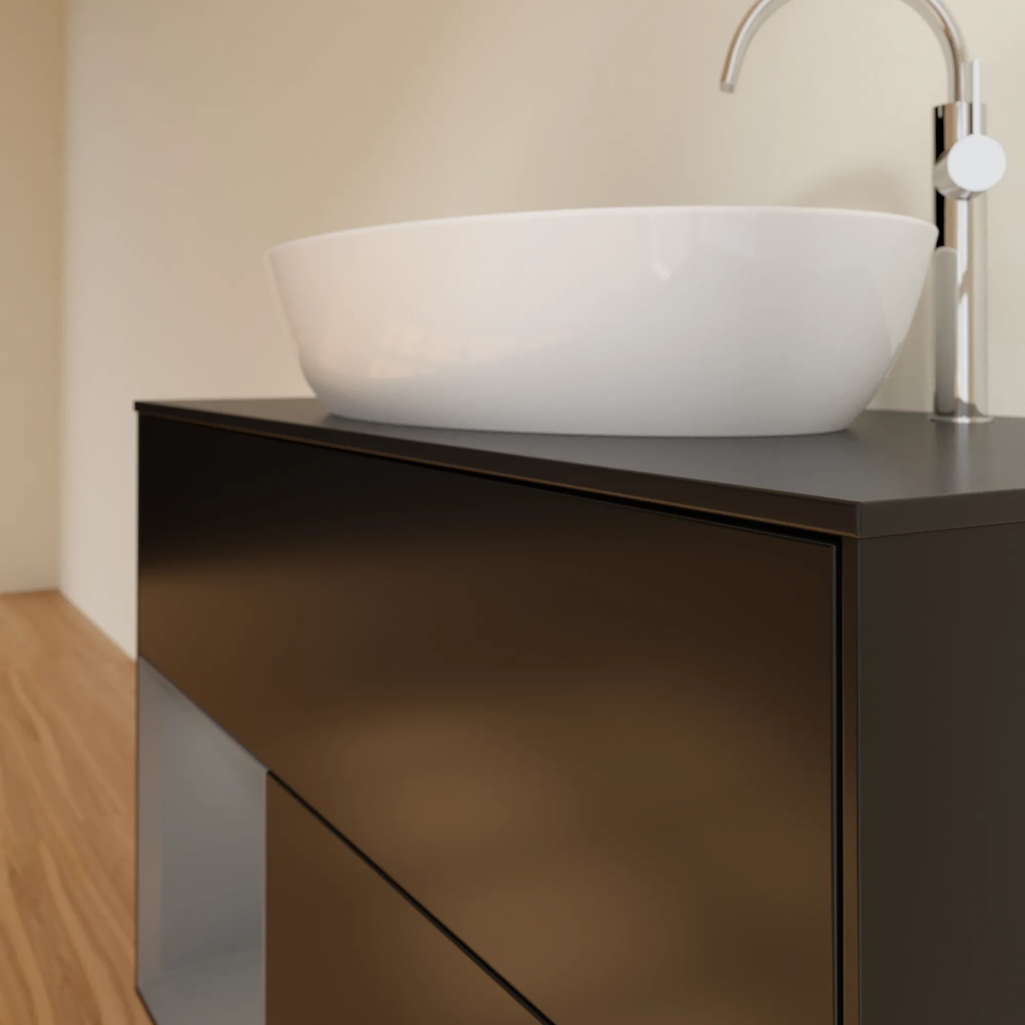 Villeroy & Boch Waschbeckenunterschrank Finion F89, 1000 x 603 x 501 mm, Black Matt Lacquer, mit Beleuchtung und Push-to-open Funktion