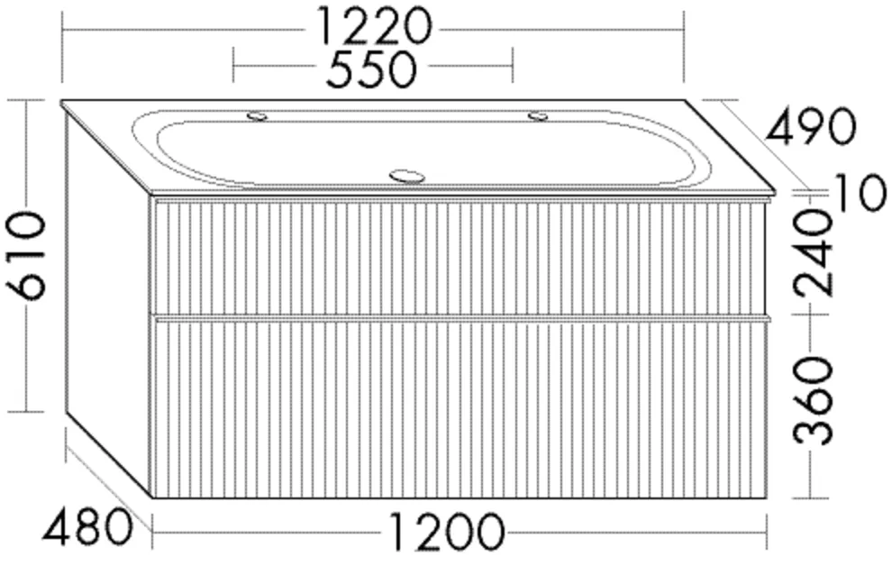 Mineralguss-Waschtisch inkl. Waschtischunterschrank, Mineralguss-Waschtisch mit 2 Armaturbohrungen;Muldentiefe: 100 mm;Waschtischunterschrank;1 Schublade oben, 350 mm tief, mit vertikaler Struktur inkl. Siphonausschnitt und Inneneinteilung;1 Auszug unten