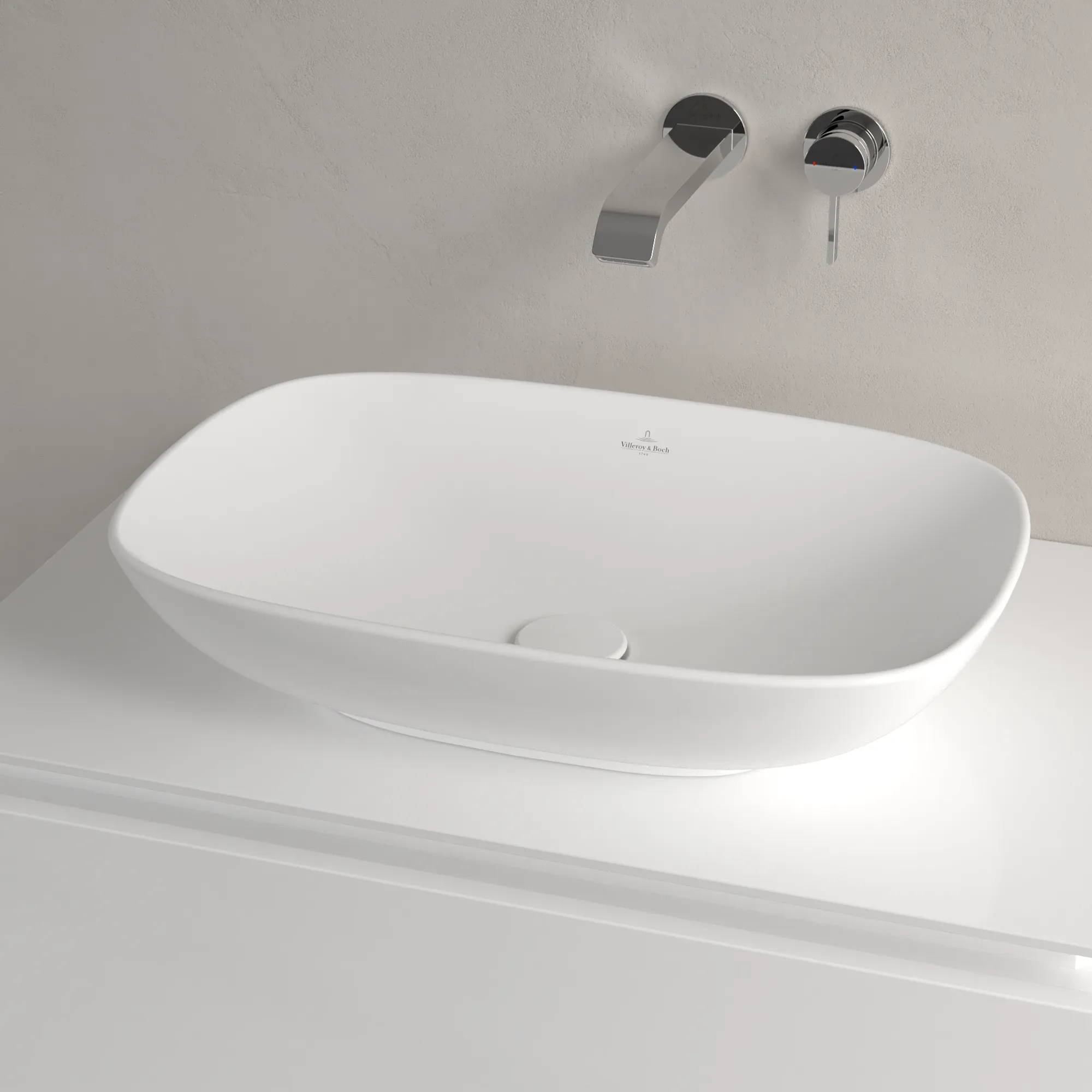 Villeroy & Boch Aufsatzwaschtisch aus TitanCeram „Loop & Friends“ 560 × 380 × 150 mm, ohne Hahnlochbohrung in Stone White