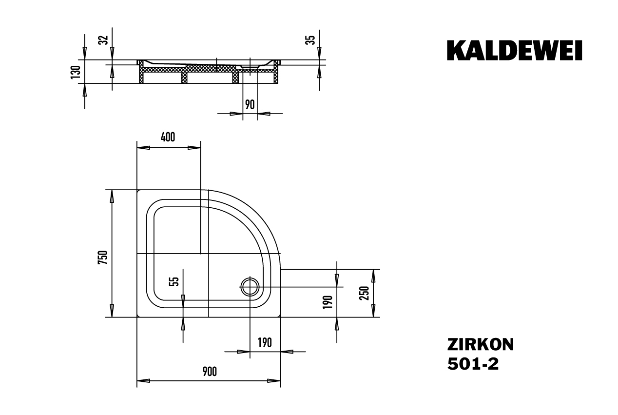 Kaldewei viertelkreis Duschwanne „Zirkon“ 90 × 75 cm in alpinweiß