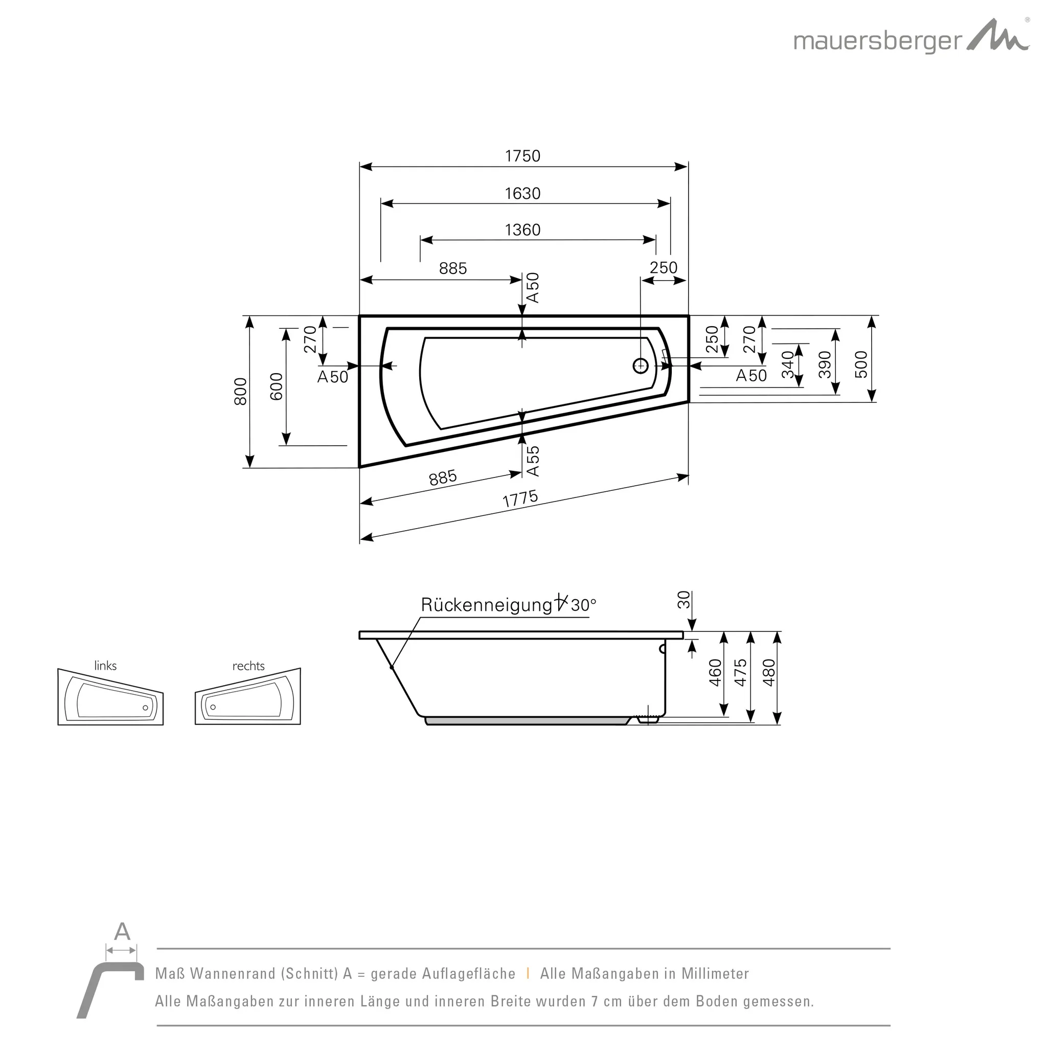 Mauersberger Acryl-Badewanne ascea 175⁄80 rechts, 1750x800x480, weiß