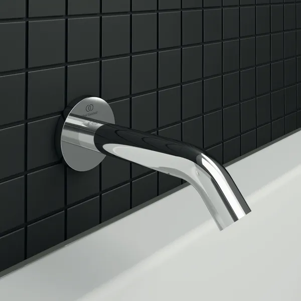 Wandauslauf Joy, Ausladung 160mm, mit runder Rosette, Brushed Gold Wandauslauf Joy, Ausladung 160mm, mit runder Rosette, Brushed Gold