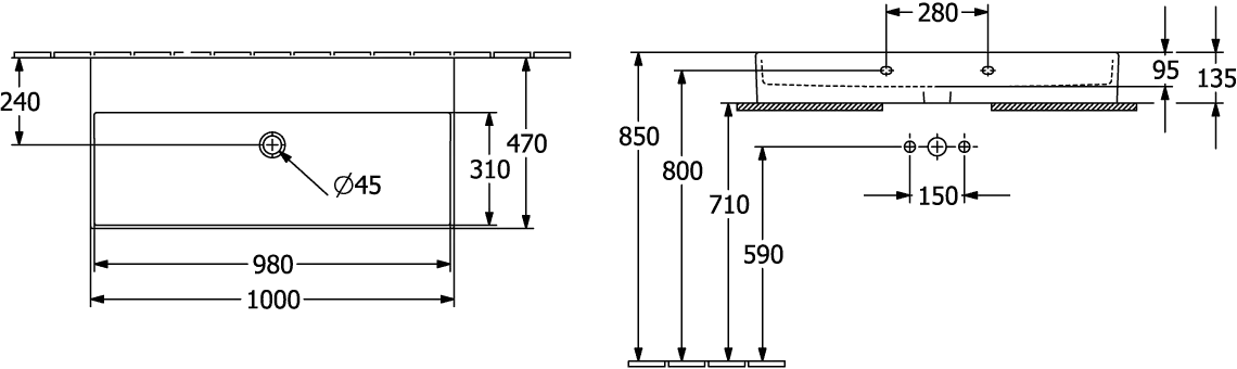 Villeroy & Boch Wandwaschtisch aus TitanCeram geschliffen „Memento 2.0“ 1000 × 470 × 135 mm, ohne Hahnlochbohrung in Weiß Alpin Villeroy & Boch Wandwaschtisch aus TitanCeram geschliffen „Memento 2.0“ 1000 × 470 × 135 mm, ohne Hahnlochbohrung in Weiß Alpin