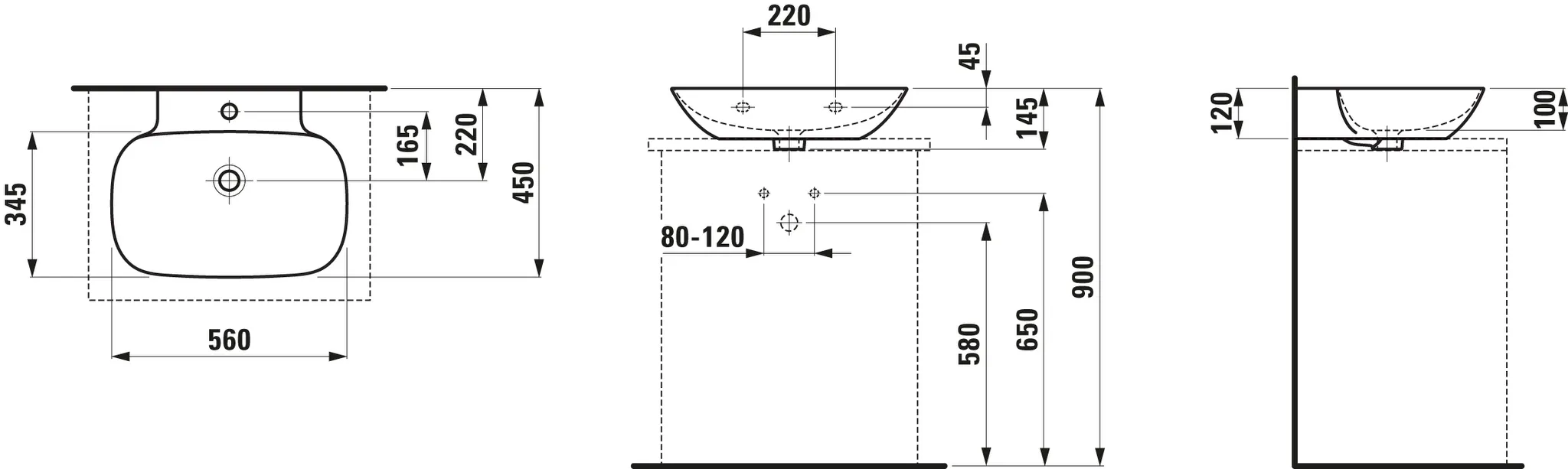 Aufsatzwaschtisch INO 450x560x145 1 Hahnloch mit Überlauf weiß