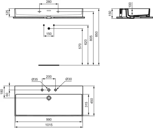 Waschbecken „Extra“ 101,5 × 45 × 15 cm, Hahnlochposition mittig in Weiß Waschbecken „Extra“ 101,5 × 45 × 15 cm, Hahnlochposition mittig in Weiß