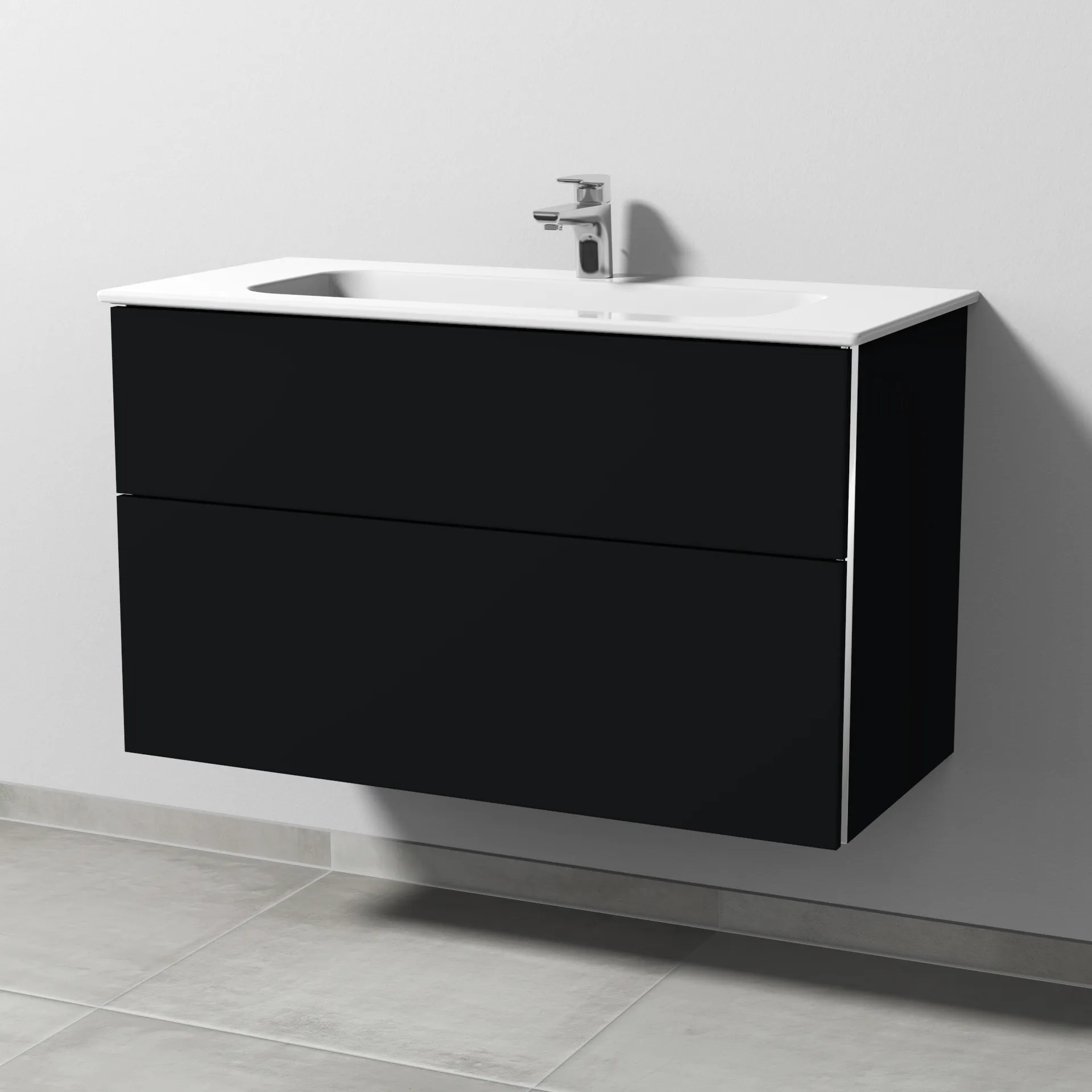 Sanipa Keramik-Waschtisch-Waschtischunterschrank mit Waschtischunterschrank „3way“ 970 × 582 × 460 mm in Schwarz (matt), mit Hahnlochbohrung, Becken