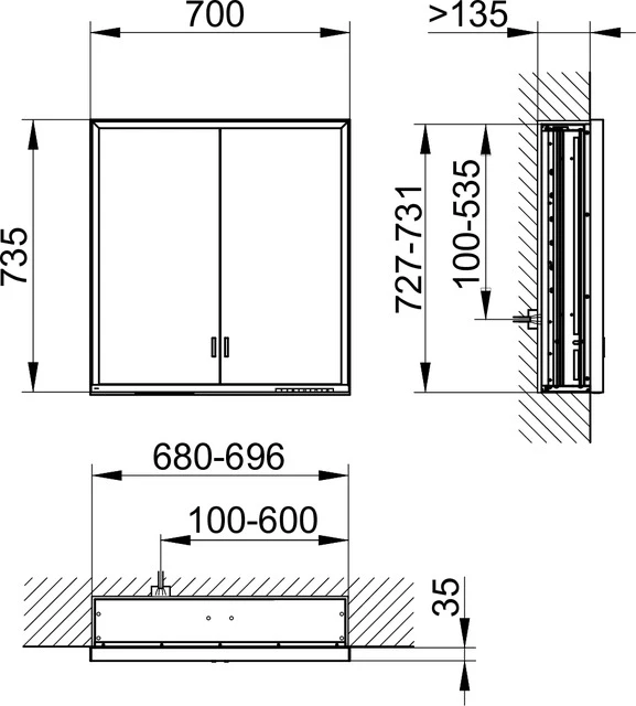 Royal Lumos 14317172301 Spiegelschrank Royal Lumos Wandeinbau, lange Türen 700 × 735 × 165 mm silber-eloxiert