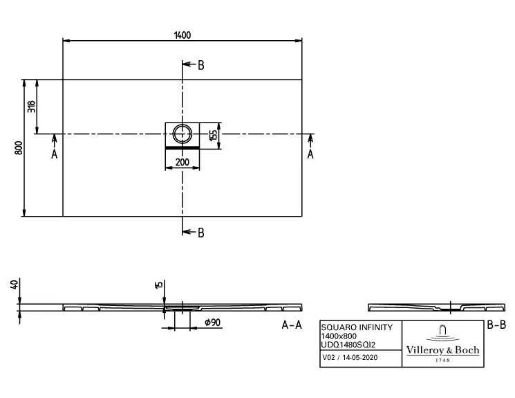 Villeroy & Boch rechteck Duschwanne „Squaro Infinity“ 140 × 80 cm