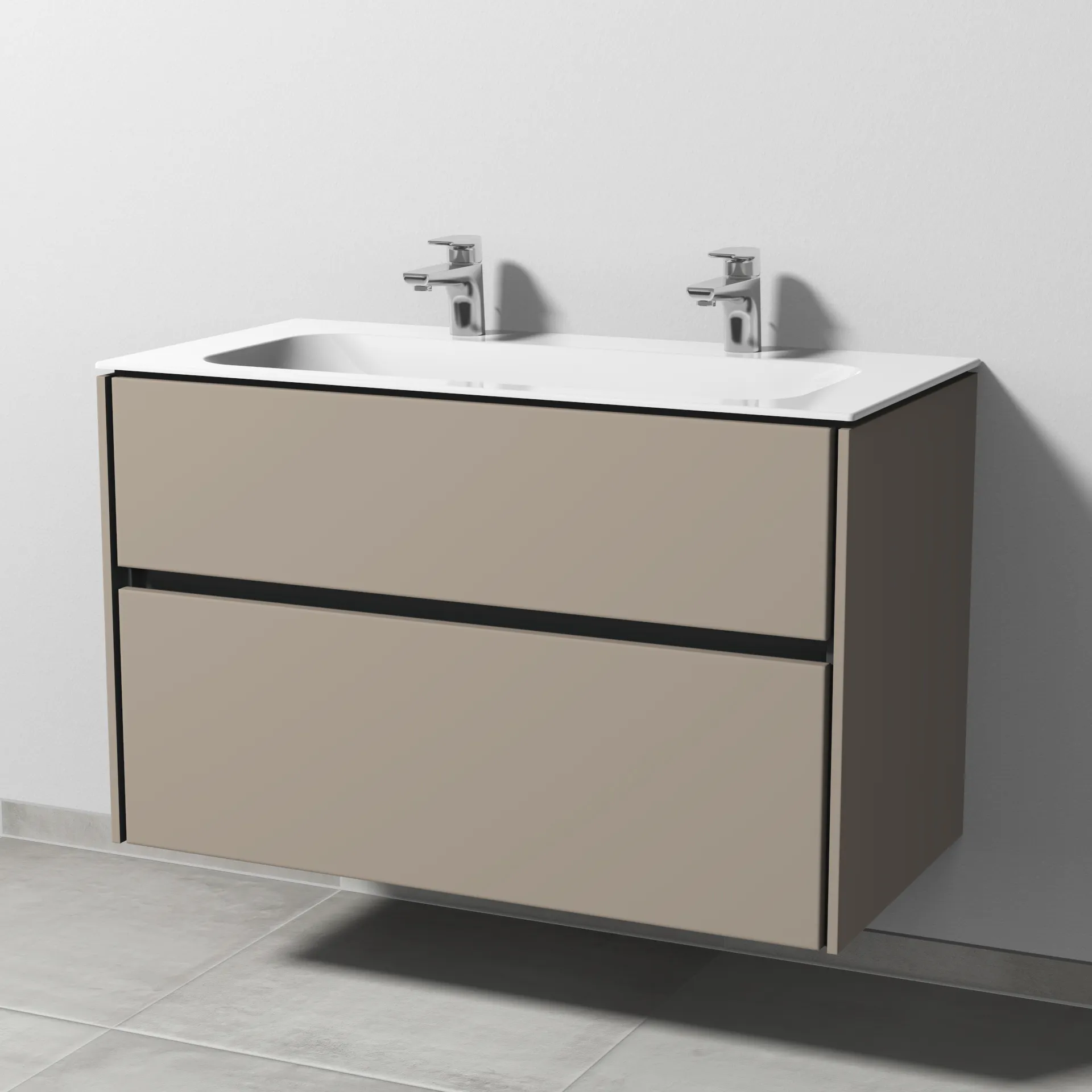 Keramik-Waschtisch-Set mit Waschtischunterschrank „Twiga“ 99 × 50 × 61 cm in Sandgrau (matt), ohne Beleuchtung, mit Hahnlochbohrung Keramik-Waschtisch-Set mit Waschtischunterschrank „Twiga“ 99 × 50 × 61 cm in Sandgrau (matt), ohne Beleuchtung, mit Hahnlochbohrung