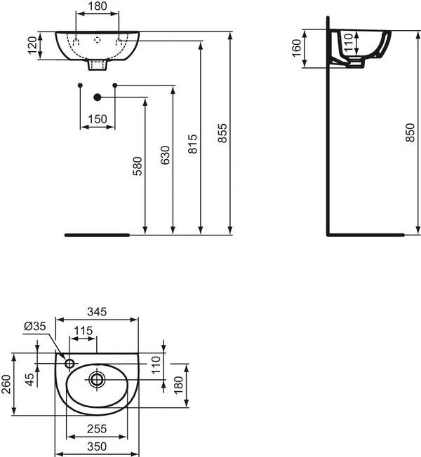 Waschbecken „Eurovit“ 35 × 26 × 16 cm, Hahnlochposition links Waschbecken „Eurovit“ 35 × 26 × 16 cm, Hahnlochposition links