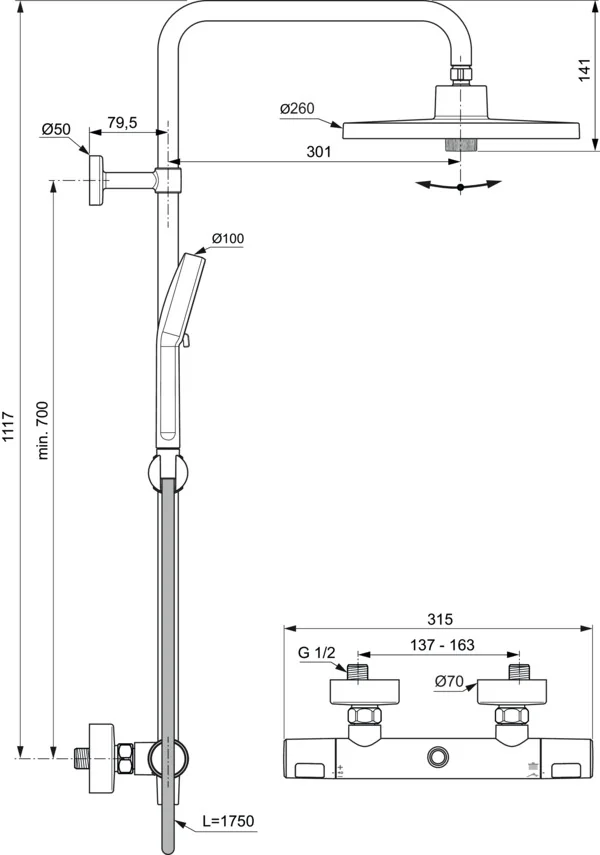 Ideal Standard Ceratherm T25+ Duschsystem mit Kopfbrause rund, Chrom, 8 Liter/Minute