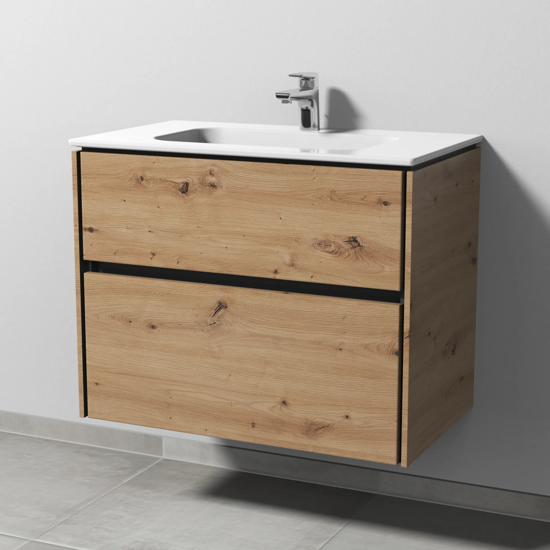 Keramik-Waschtisch-Set mit Waschtischunterschrank „Twiga“ 79 × 46 × 61 cm in Eiche Natural-Touch, mit Hahnlochbohrung, ohne Beleuchtung Keramik-Waschtisch-Set mit Waschtischunterschrank „Twiga“ 79 × 46 × 61 cm in Eiche Natural-Touch, mit Hahnlochbohrung, ohne Beleuchtung