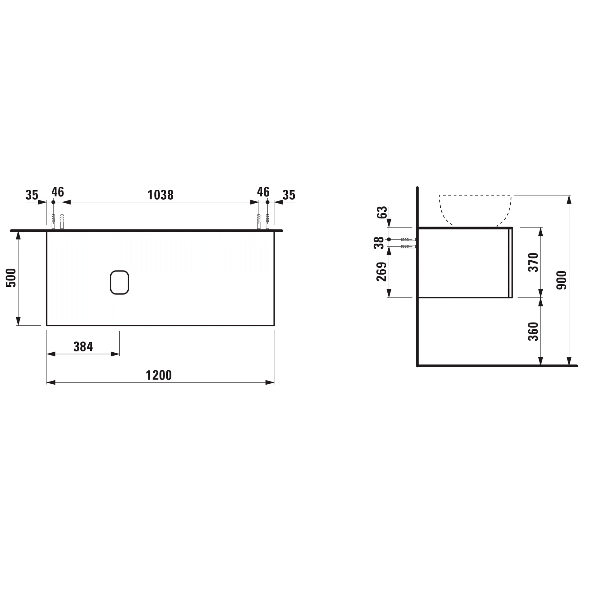 Schubladenelement (Waschtischunterbau+Waschtischplatte), ILBAGNOALESSI, 500x1200x370, 1 Schublade, integrierte, versteckte Griffe seitlich, Vollauszug, Soft-Close, Ausschnitt links, Marrone Naturale Top, passend zu Waschtisch H818974, Weiß matt