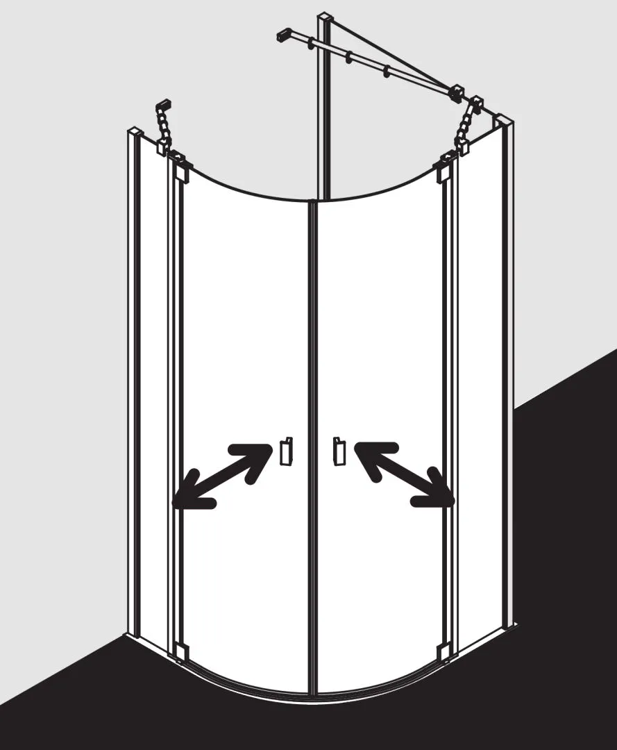 Kermi Duschdesign Viertelkreis-Duschkabine mit Pendeltüren mit Festfeldern „RAYA“ Glas Klar, Profile Silber Hochglanz, BV: 1170 - 1200 mm GAK: 1155 - 1185 mm WE: 1180 - 1210 mm H: 2000 mm Kermi Duschdesign Viertelkreis-Duschkabine mit Pendeltüren mit Festfeldern „RAYA“ Glas Klar, Profile Silber Hochglanz, BV: 1170 - 1200 mm GAK: 1155 - 1185 mm WE: 1180 - 1210 mm H: 2000 mm