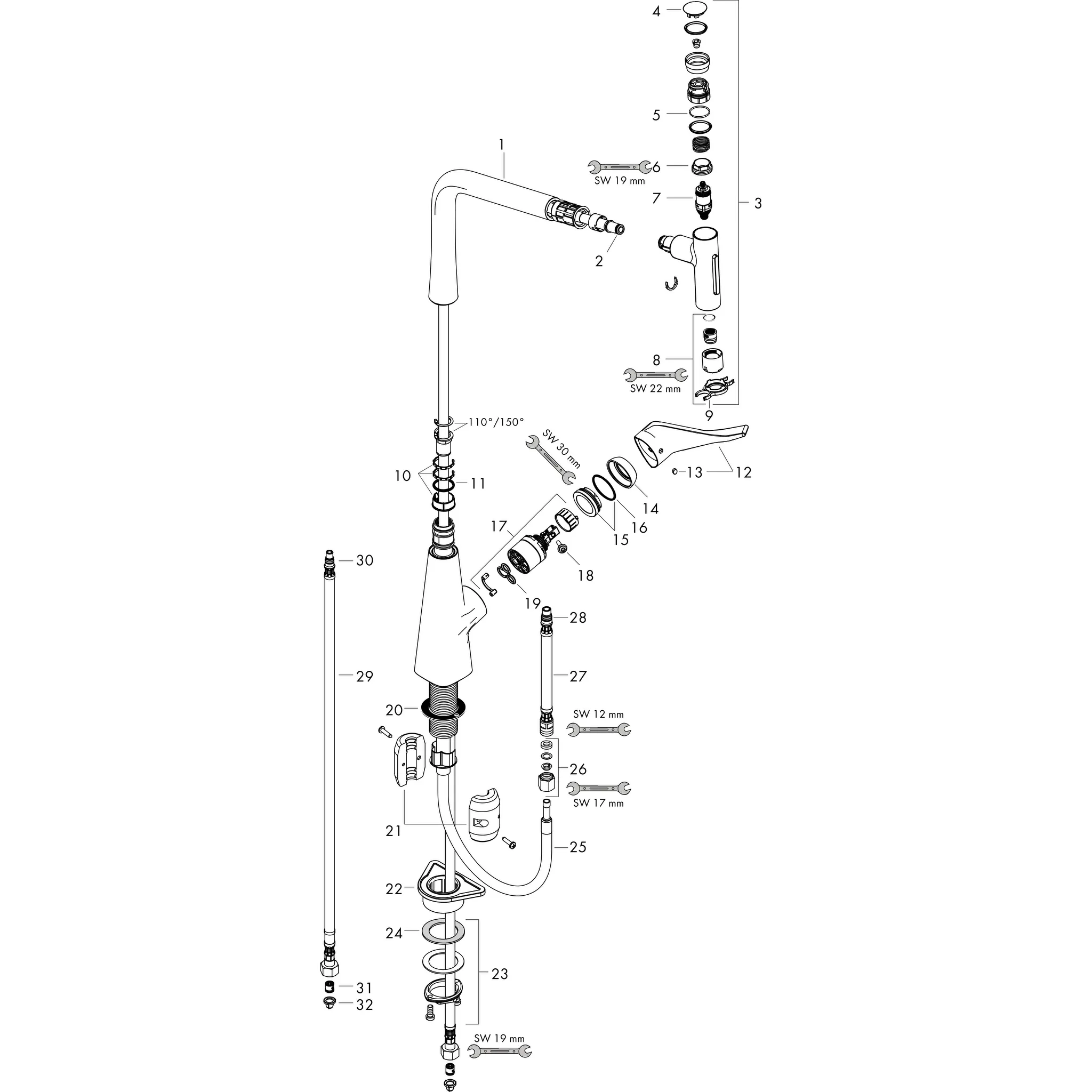 Hansgrohe Metris Select M71 Einhebel-Küchenmischer 320 mit Ausziehbrause, 2-Jet, Edelstahl-Optik, Schwenkbereich 110° oder 150°, max. Durchfluss 8 l/min, Keramikmischsystem