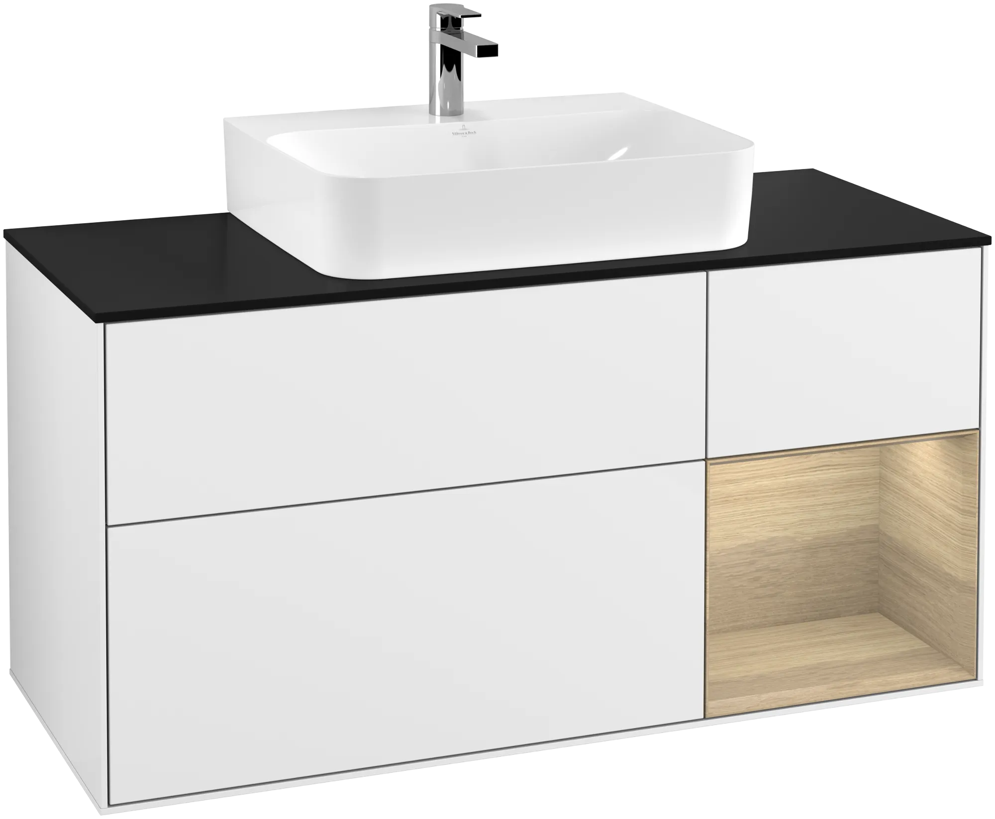 Villeroy & Boch Finion Waschbeckenunterschrank F17 1200x603x501mm Glossy White Lacquer / Oak Veneer / Glass Black Matt