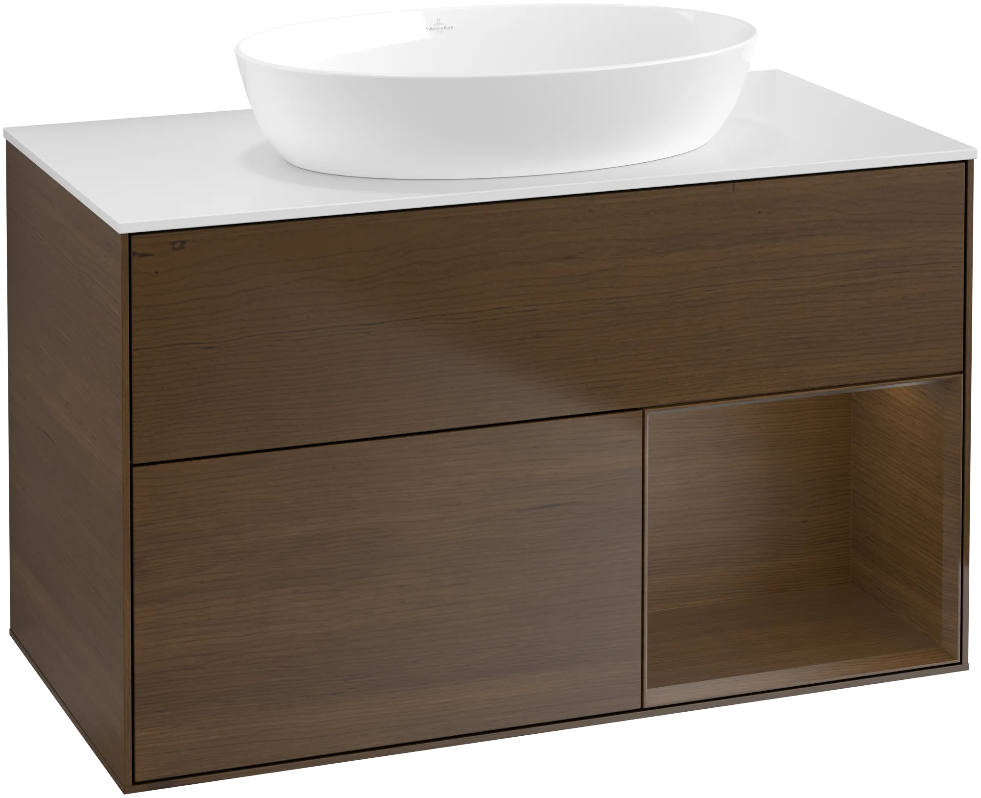 Villeroy & Boch Finion Waschbeckenunterschrank GA2, 1000 x 603 x 501 mm, Walnut Veneer / Glass White Matt