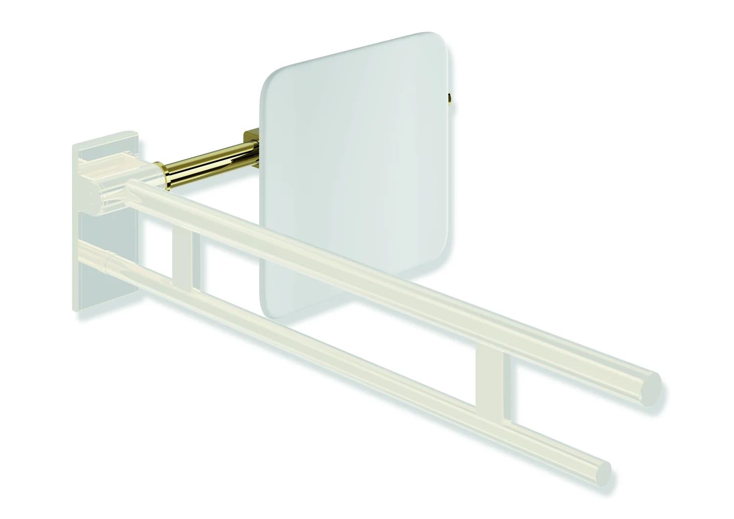 HEWI Rückensstütze System 900, PVD-beschichtet, weiß, Achsmaß verstellbar 564-664 mm, Tiefe 150 mm, einseitig Wandmontage mit Rosetten und Stützklappgriffen, Design (A), Farbe Gold glänzend