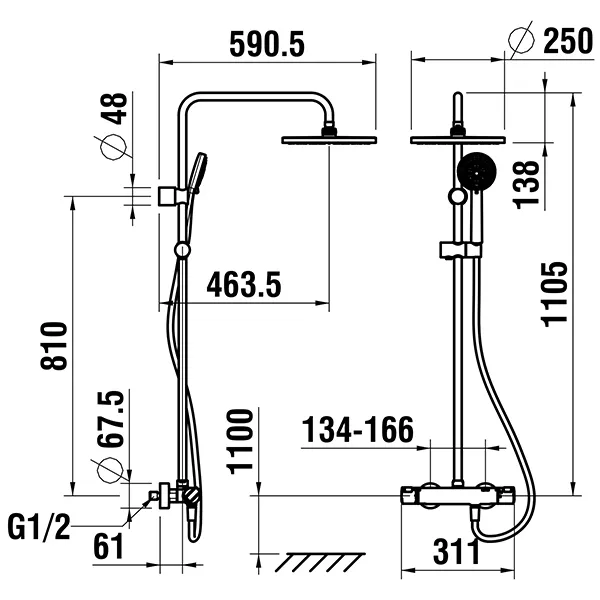 Thermostatisches Duschsystem CityproKopfbrause Ø 250 mm Schwenkbar ±15° Kunststoffschlauch 1600 mm Handbrause chrom