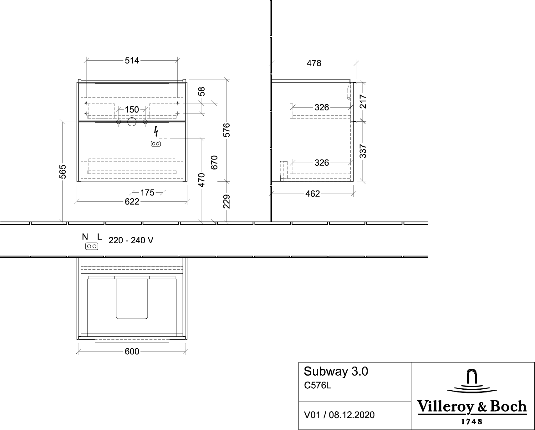 Villeroy & Boch Waschbeckenunterschrank Subway 3.0 Arizona Oak, 622 x 576 x 462 mm, mit Beleuchtung und SoftClosing