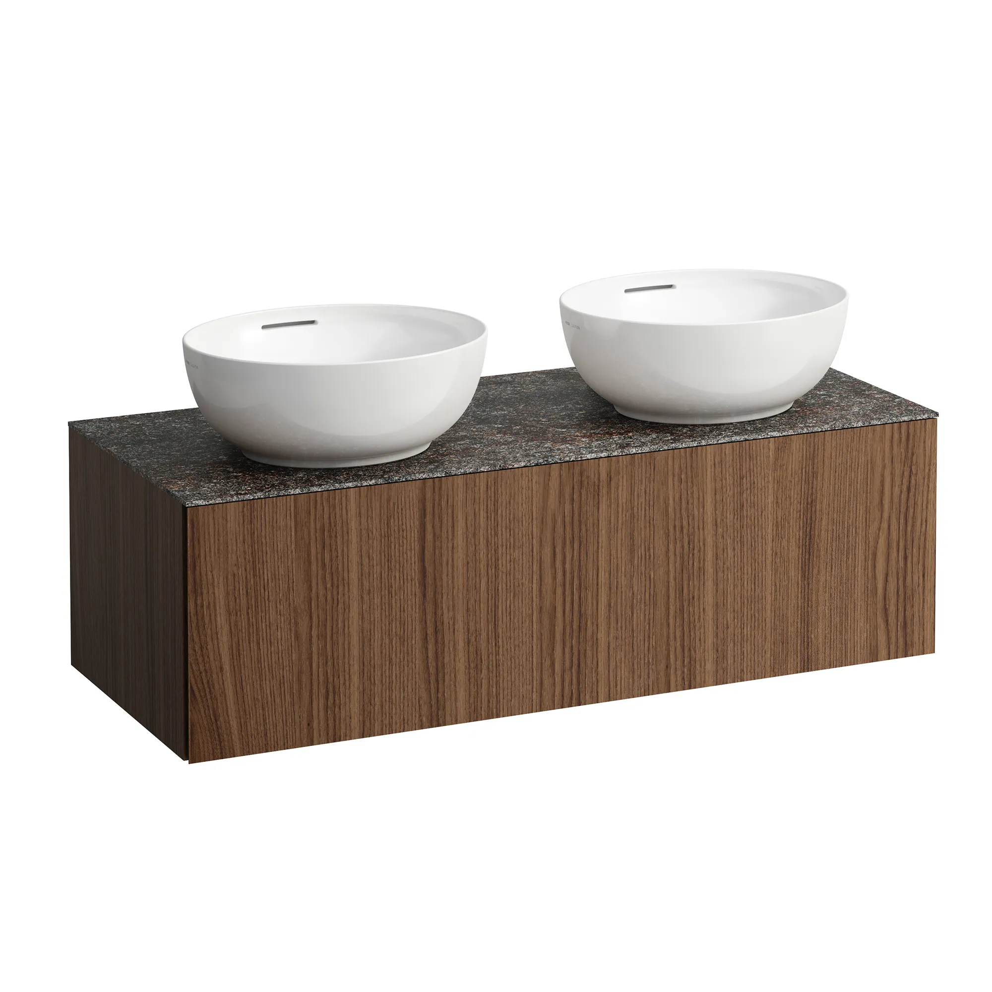 Schubladenelement (Waschtischunterbau+Waschtischplatte) ILBAGNOALESSI 500x1200x370 1 Schublade integrierte versteckte Griffe seitlich Vollauszug Soft-Close Ausschnitt links und rechts Marrone Naturale Top passend zu Waschtisch H818975/6 Weiß matt