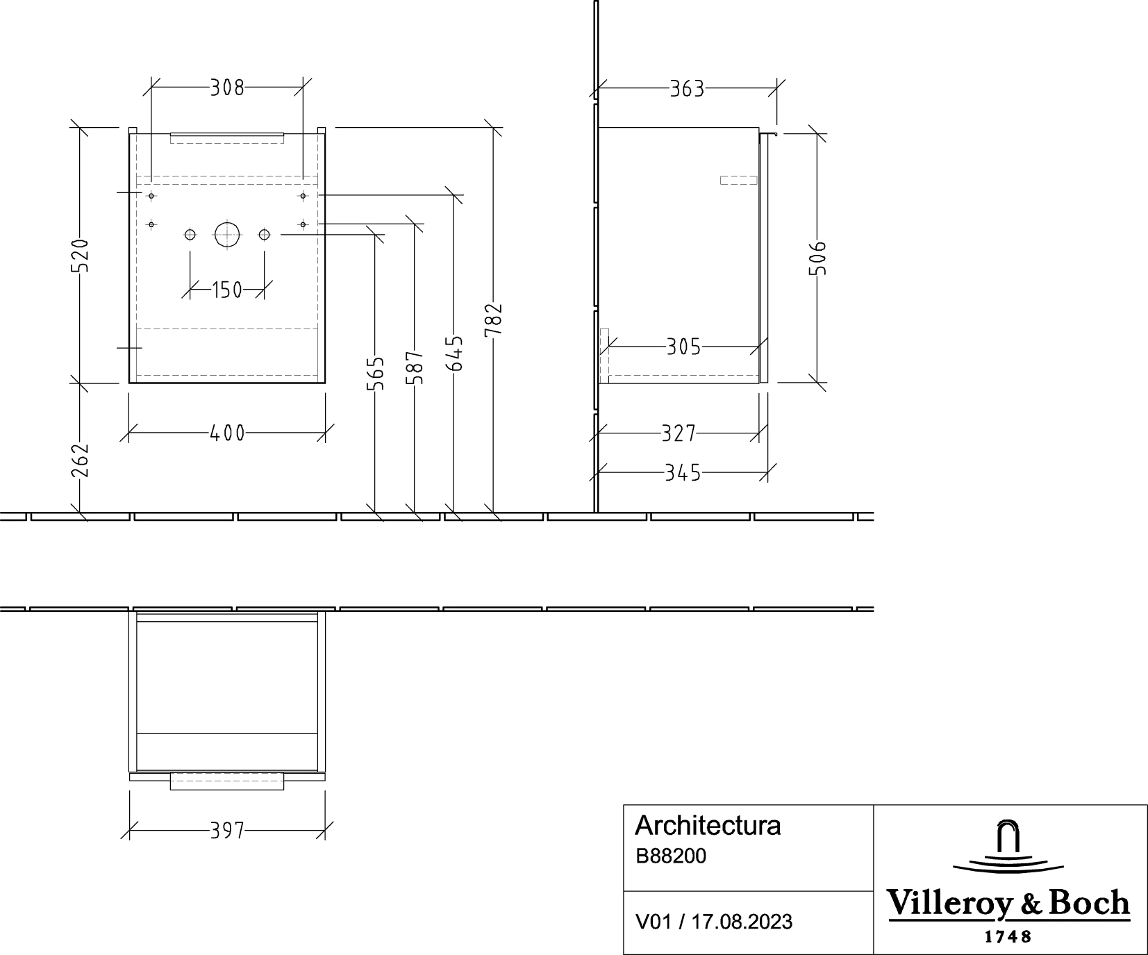 Villeroy & Boch Architectura Waschbeckenunterschrank B88200, 400x520x363 mm, 1 Tür, links Villeroy & Boch Architectura Waschbeckenunterschrank B88200, 400x520x363 mm, 1 Tür, links