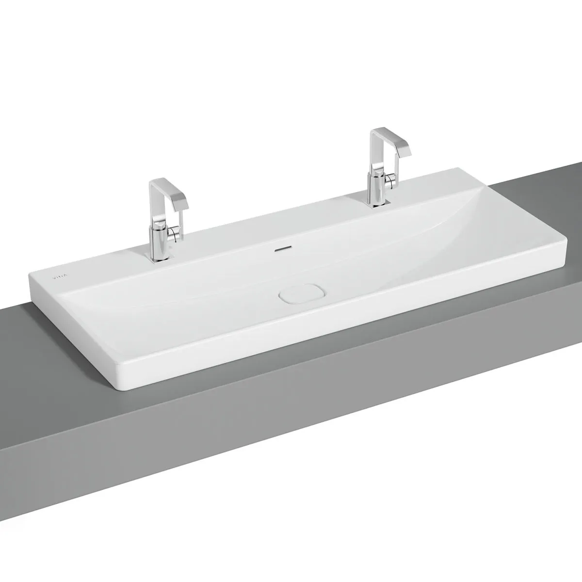 New Metropole Doppelaufsatzwaschtisch wandgebunden rechteckig 120 x 47 cm 1 Becken mit 2 Hahnlöchern mit Überlaufschlitz Weiß Hochglanz mit