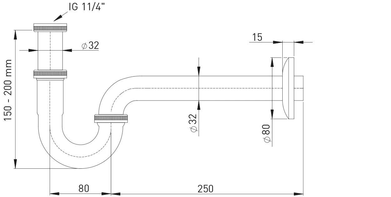 Röhrengeruchverschluss 1 1/4″ x 32 mm Verstellrohr 75 mm, Abgangsbogen 250 mm Röhrengeruchverschluss 1 1/4″ x 32 mm Verstellrohr 75 mm, Abgangsbogen 250 mm