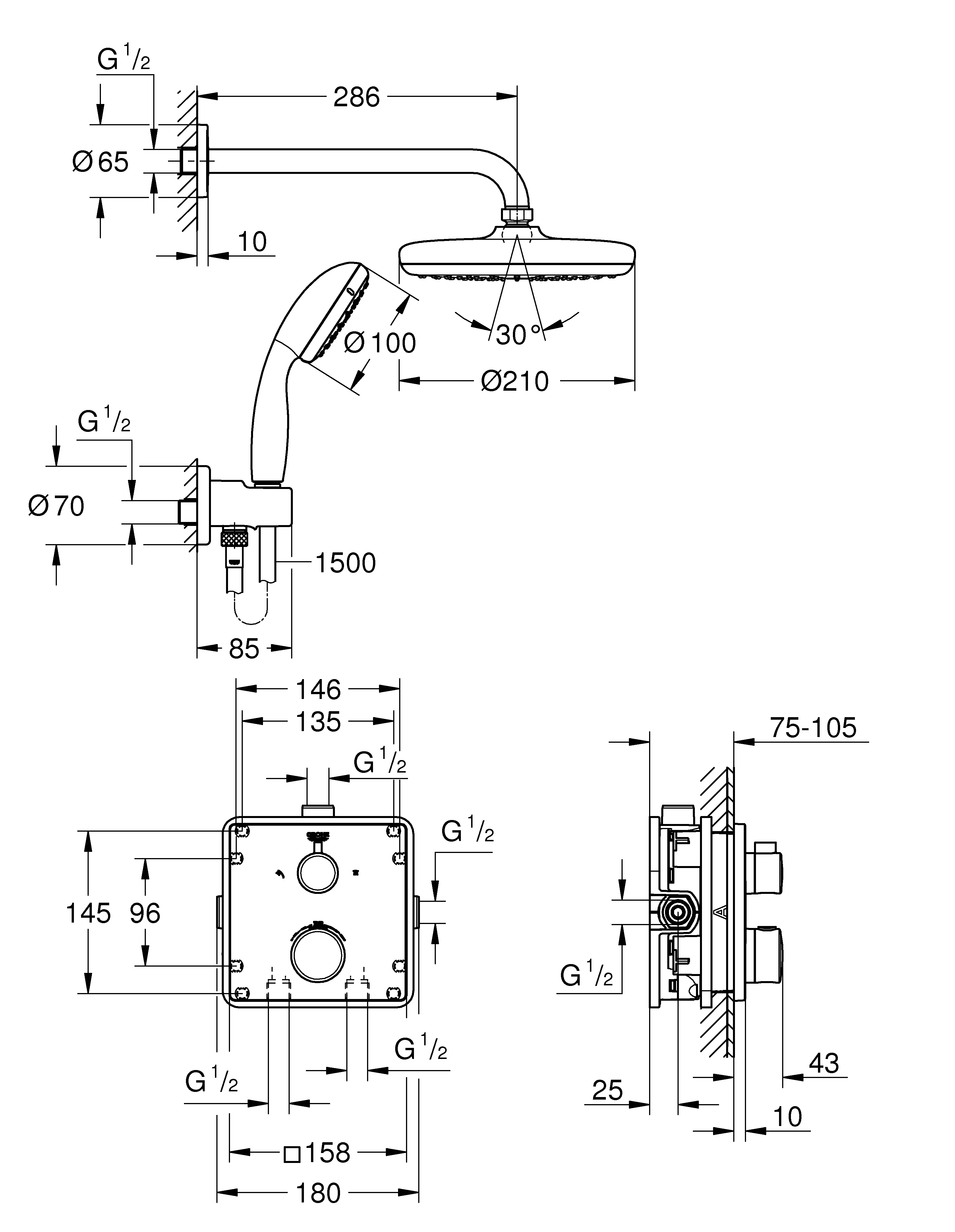 Duschsystem Unterputz Grohtherm 34729, mit Grohtherm Thermostat mit integrierter 2-Wege-Umstellung, Tempesta 210 Kopfbrause 9,5 l/min, eckige Rosette, chrom