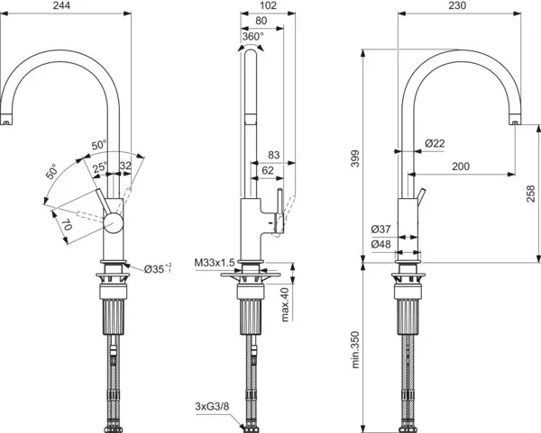 Ideal Standard Einhand-Küchenarmatur „Ceraline Nuovo“ Ausladung 200 mm