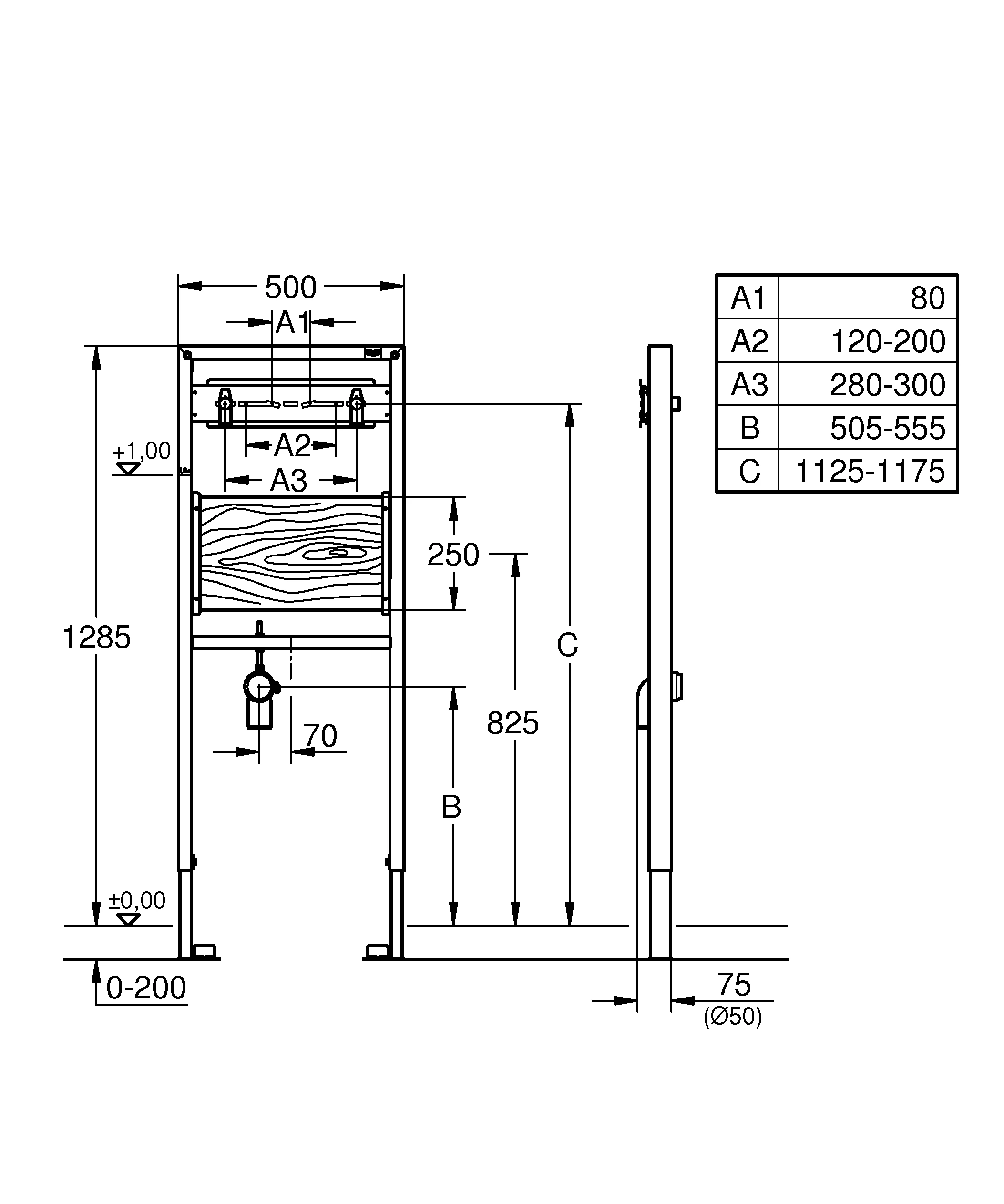 Ausguss-Element Rapid SL 38544, 1,30 m Bauhöhe, für Vorwand- oder Ständerwandmontage, 2 schallgedämmte Armaturenanschlüsse DN 15, HT-Ablaufbogen DN 50