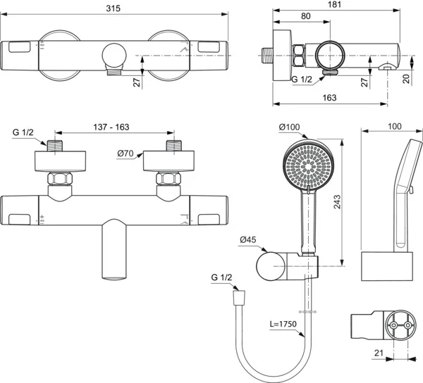 Ideal Standard Ceratherm T25 N Badearmatur mit Handbrause-Set Chrom