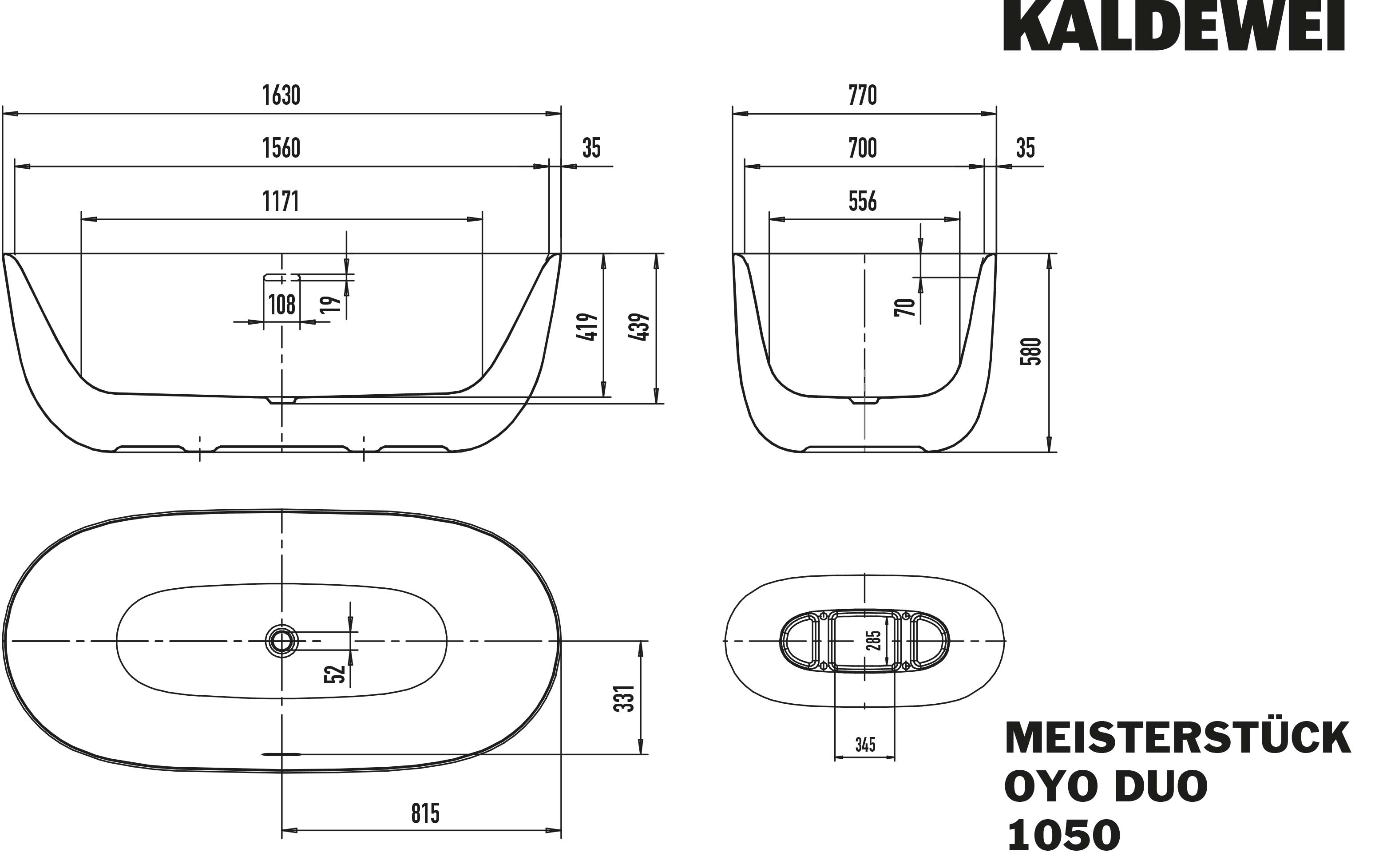 Kaldewei Badewanne „Oyo Duo“ freistehend viertelkreis 163 × 77 cm ohne Überlauf, in schwarz matt