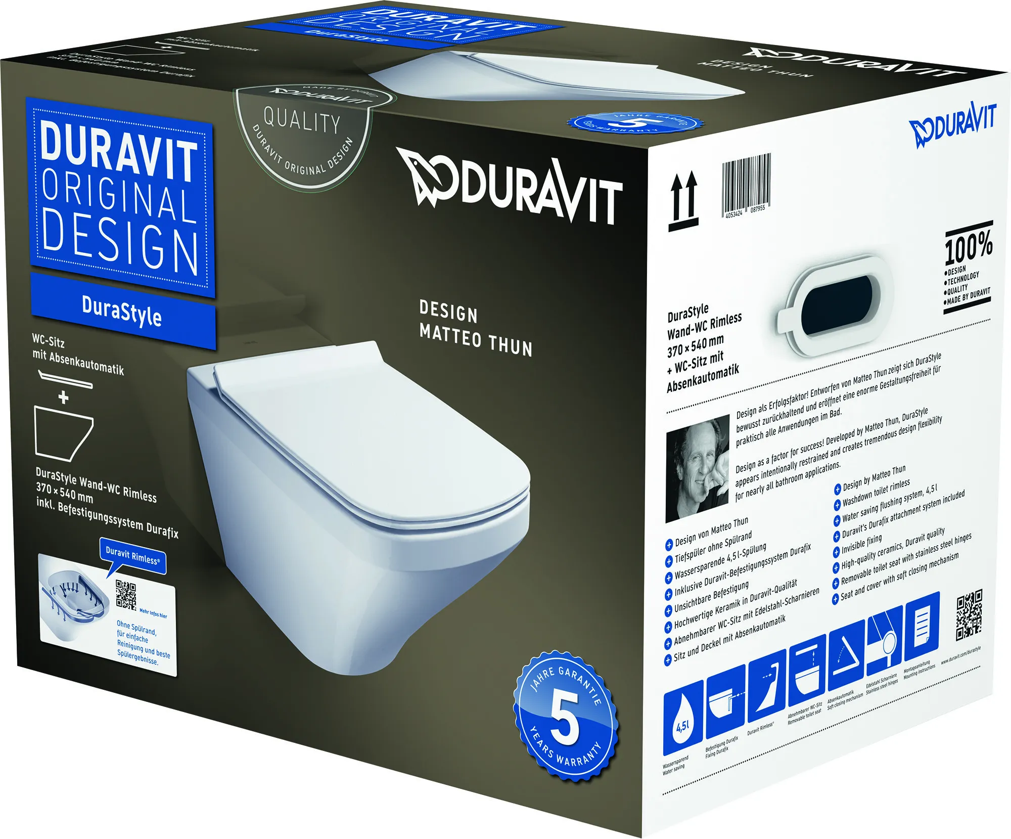 Duravit Wand-Tiefspül-WC inkl. WC-Sitz „DuraStyle“ 37,3 × 54 × 39,3 cm, Befestigung verdeckt Duravit Wand-Tiefspül-WC inkl. WC-Sitz „DuraStyle“ 37,3 × 54 × 39,3 cm, Befestigung verdeckt