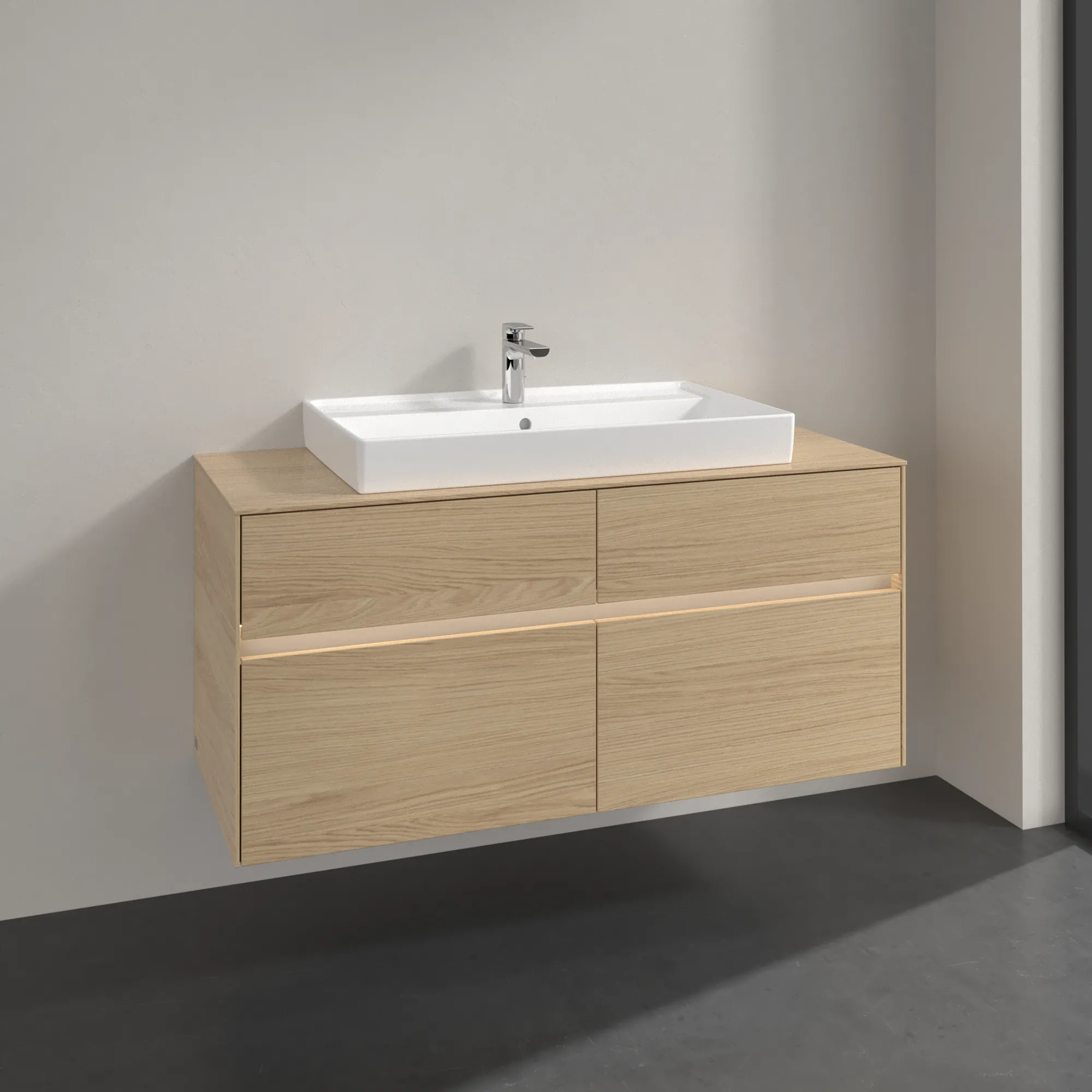 Villeroy & Boch Waschtischunterschrank „Collaro“ 1200 × 548 × 500 mm Nordic Oak, mit Beleuchtung, für Becken mittig