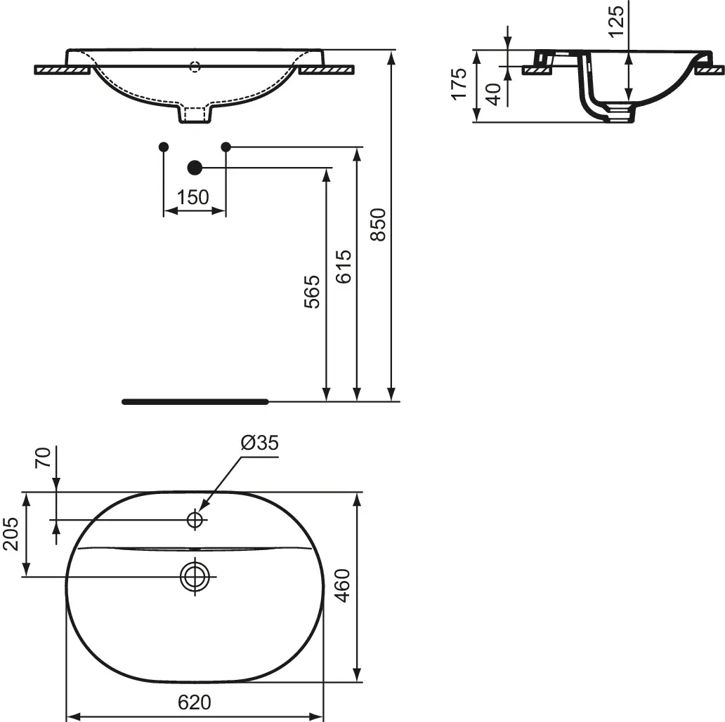 Ideal Standard Einbauwaschtisch Connect, oval, 1 Hahnloch, weiß, 620x460x175 mm Ideal Standard Einbauwaschtisch Connect, oval, 1 Hahnloch, weiß, 620x460x175 mm