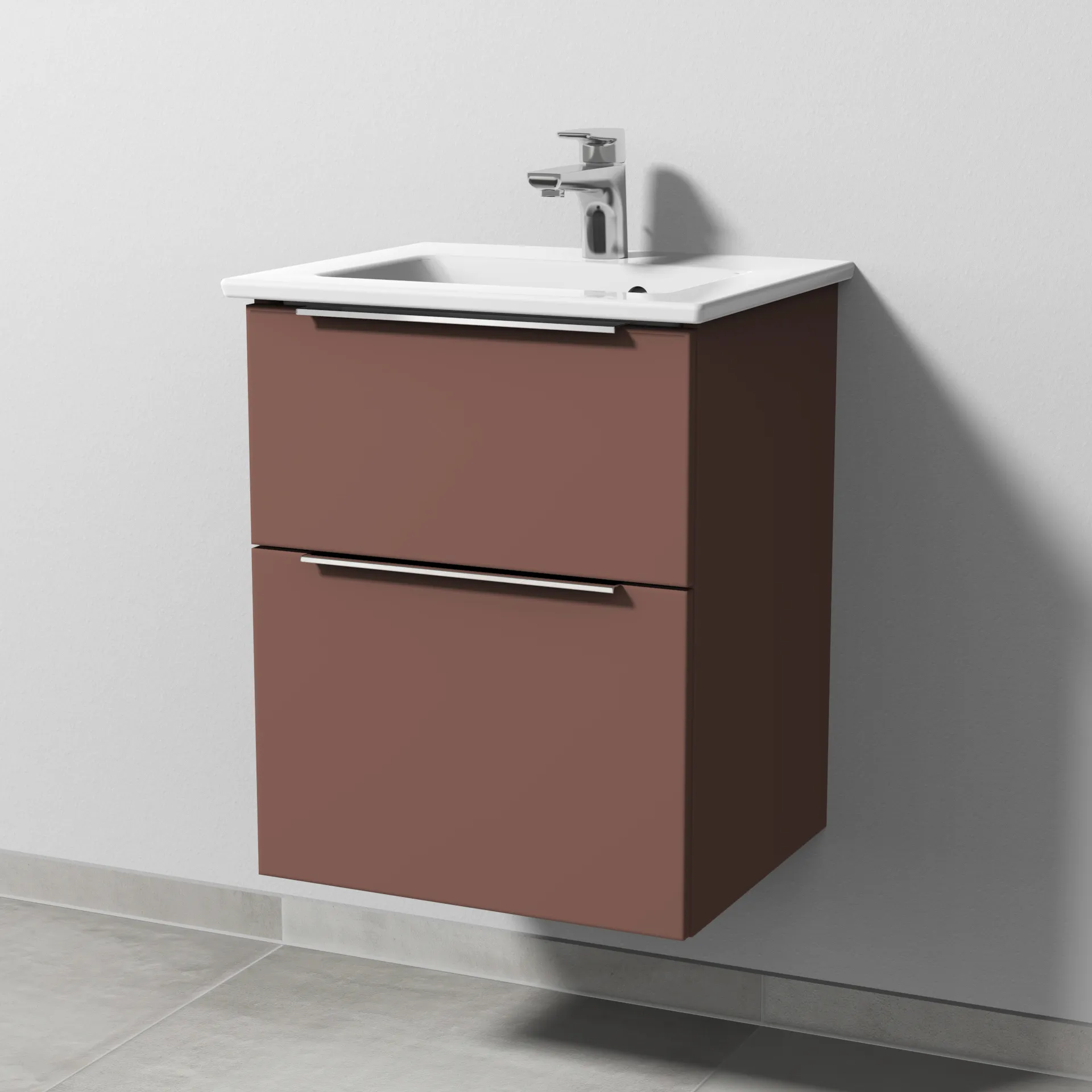 Keramik-Waschtisch-Set mit Waschtischunterschrank „3way“ 46,5 × 40,1 × 59,1 cm in Wine-Red, mit Hahnlochbohrung, Becken mittig Keramik-Waschtisch-Set mit Waschtischunterschrank „3way“ 46,5 × 40,1 × 59,1 cm in Wine-Red, mit Hahnlochbohrung, Becken mittig