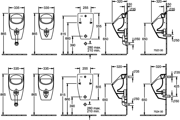 Absaug-Urinal O.novo 752400, 320 x 335 x 560 mm, Oval, ohne Deckel, Zulauf verdeckt, Weiß Alpin