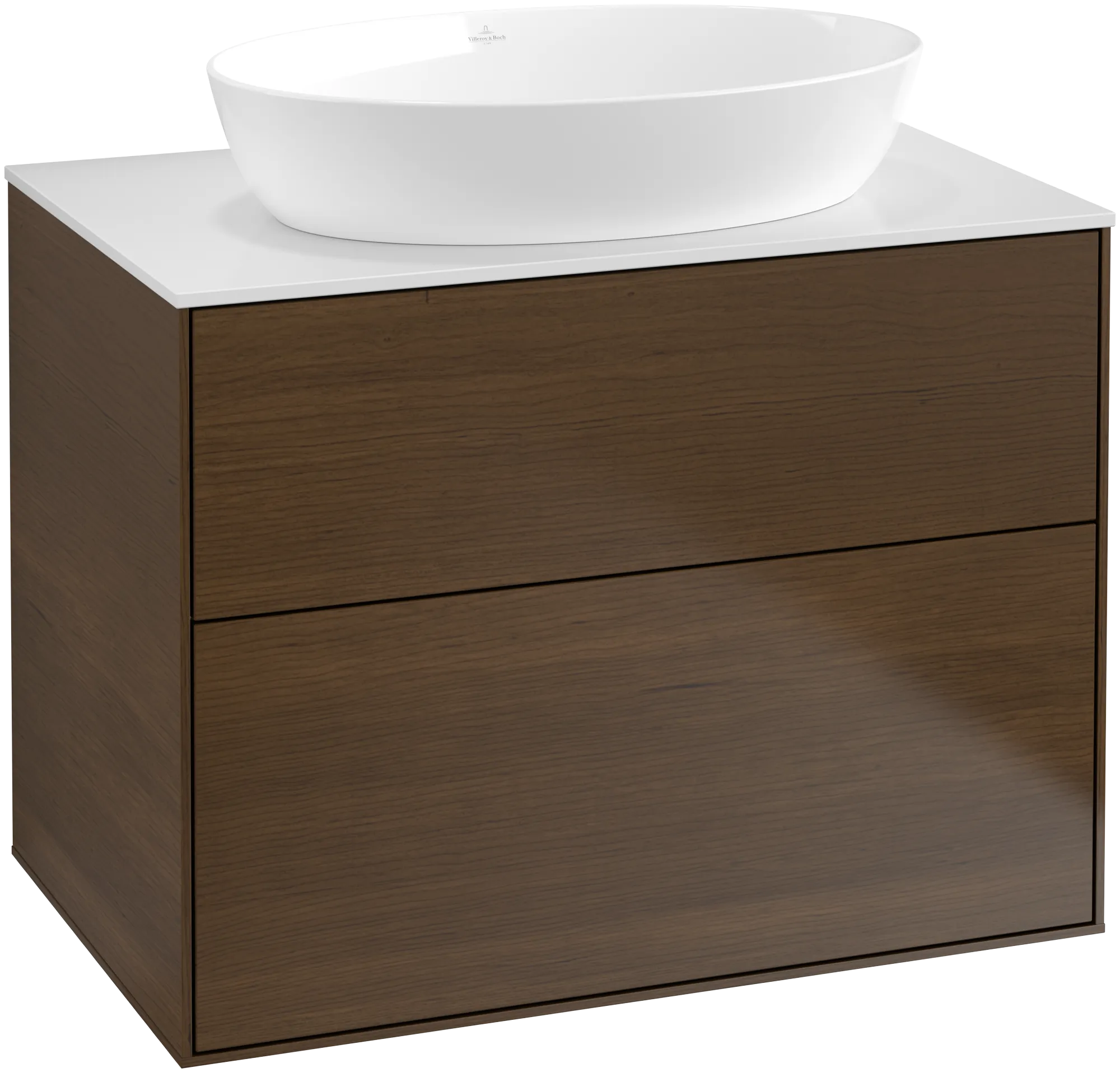Villeroy & Boch Waschbeckenunterschrank Finion G99, 800 x 603 x 501 mm, mit Beleuchtung, 2 Auszüge, Waschbecken mittig, Walnut Veneer / Glass White