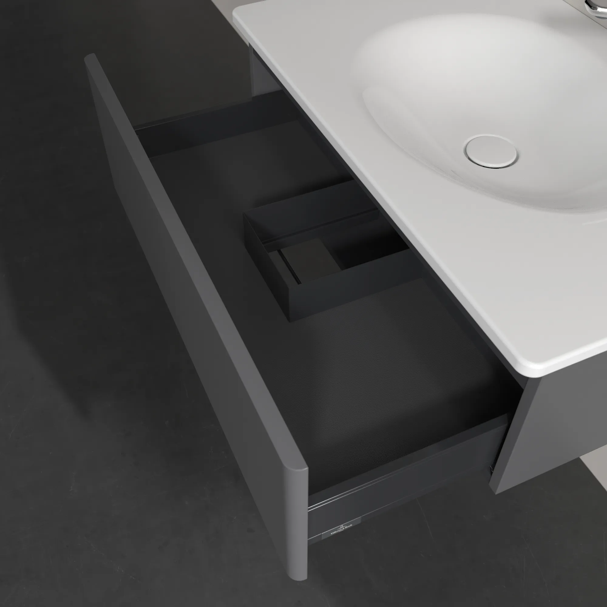 Villeroy & Boch Waschbeckenunterschrank Antao K01, Anthracite Matt Lacquer, 788x256x496mm, 256mm Höhe, mittige Wanneneinbauposition, 1 Auszug mit SoftClosing und Push-to-open Funktion