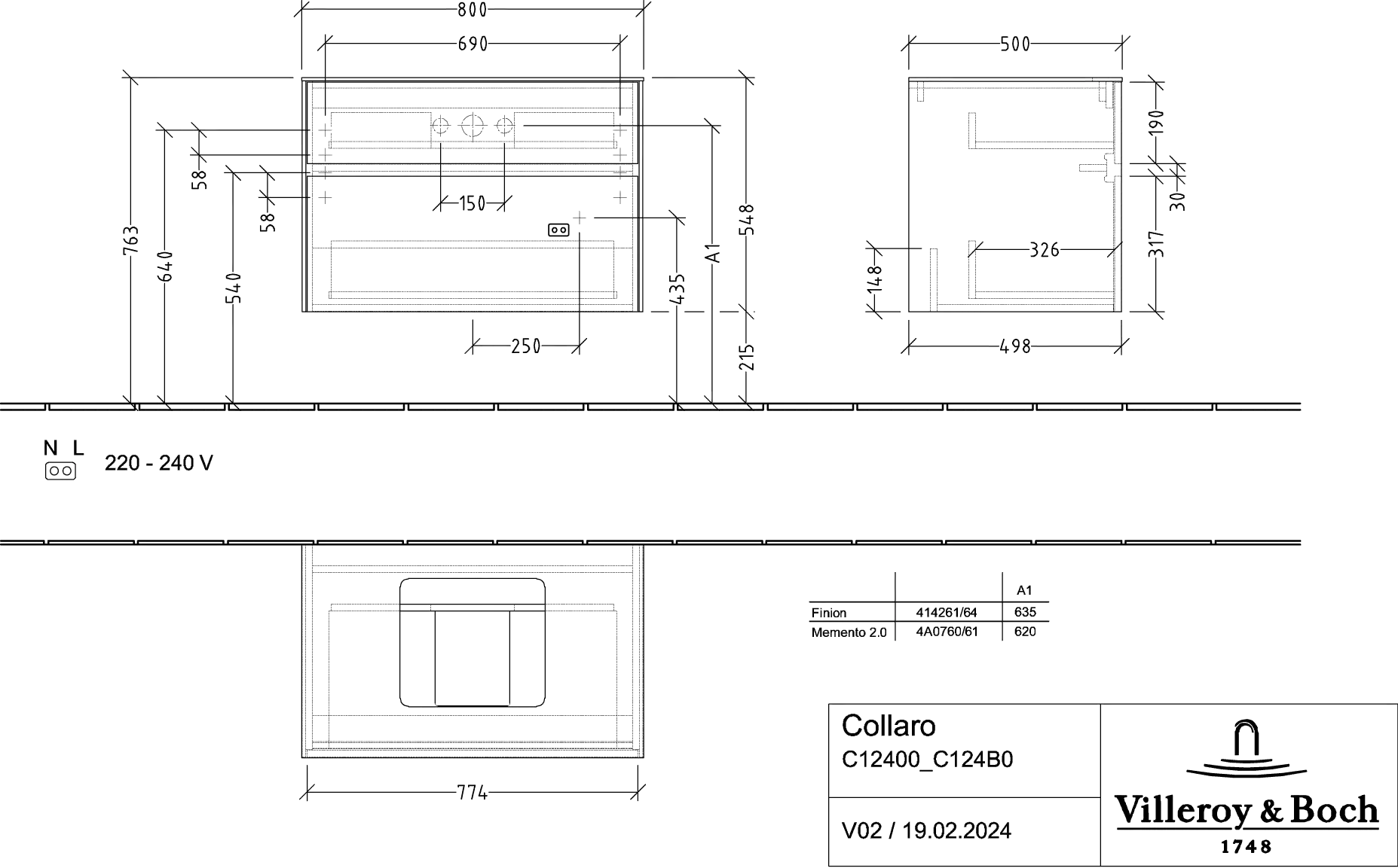 Villeroy & Boch Waschtischunterschrank „Collaro“ 800 × 548 × 500 mm Glossy White, mit Beleuchtung, für Becken mittig