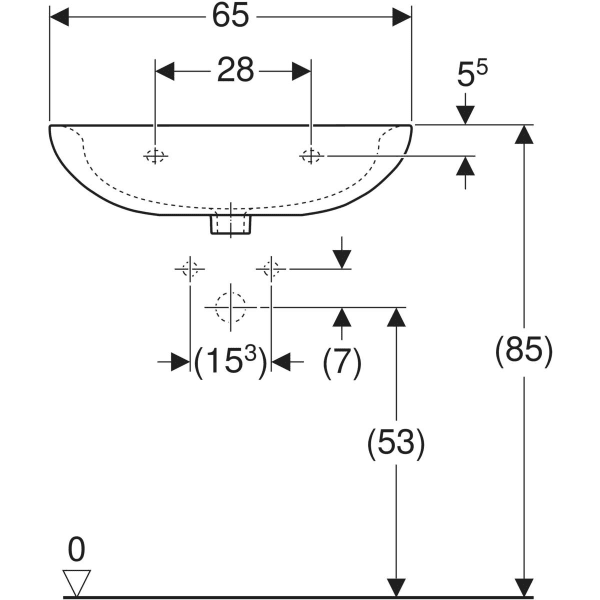 Wandwaschtisch „Renova“, mit Überlauf, Hahnlochposition mittig 65 × 51 cm in manhattan