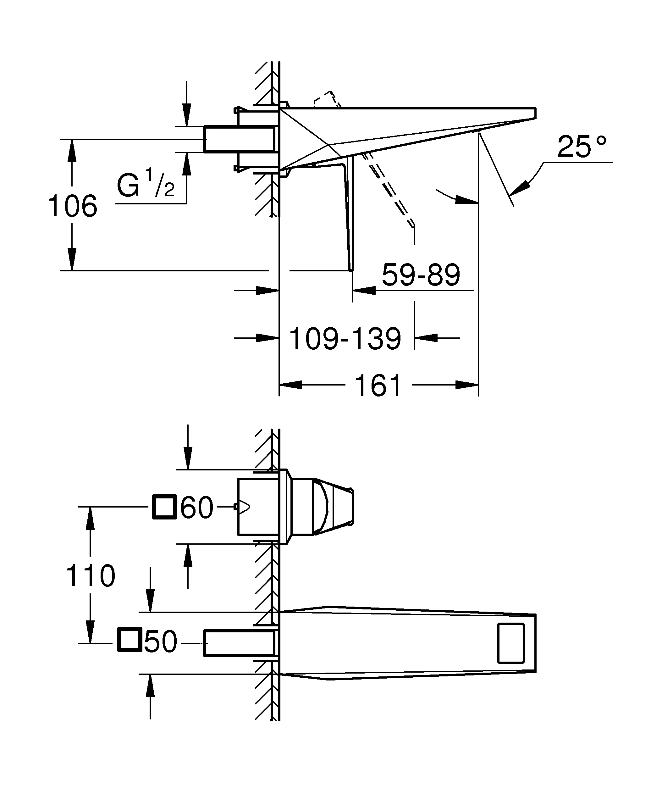 2-Loch-Waschtischbatterie Allure Brilliant 29402, Wandmontage, Fertigmontageset für 23 200, Ausladung 161 mm, chrom