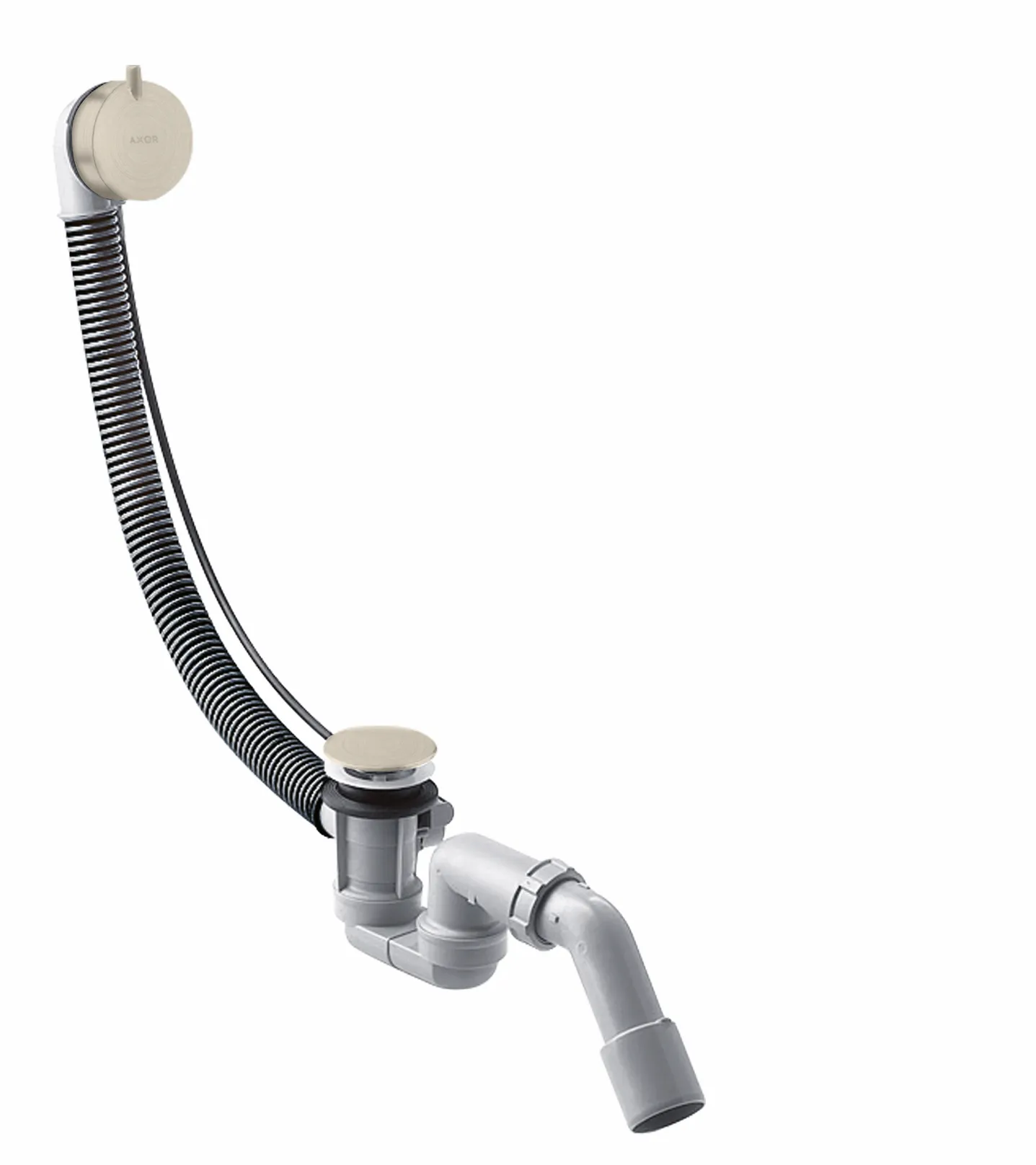 Hansgrohe AXOR Ab- und Überlaufgarnitur Flexaplus S Komplettset Brushed Nickel für Normalwannen, PE-Verschraubung G 1 1/2 x 40/50 mm, flexibler Überlaufschlauch, Stauwasserhöhe 50 mm, Bowdenzuglänge 520 mm