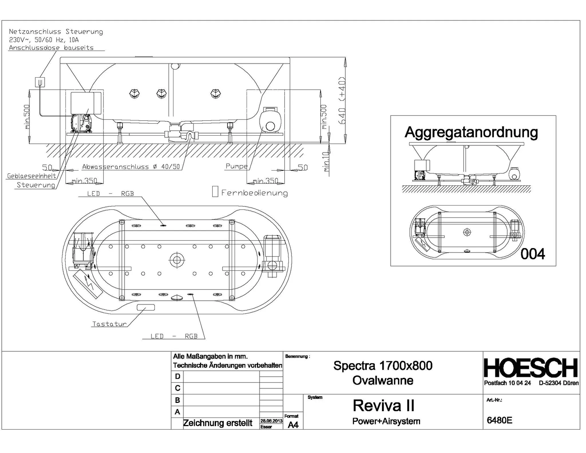 Hoesch Spectra Whirlwanne 1700x800 Reviva II Power+ Air, weiß/verchromt, Motor rechts/links